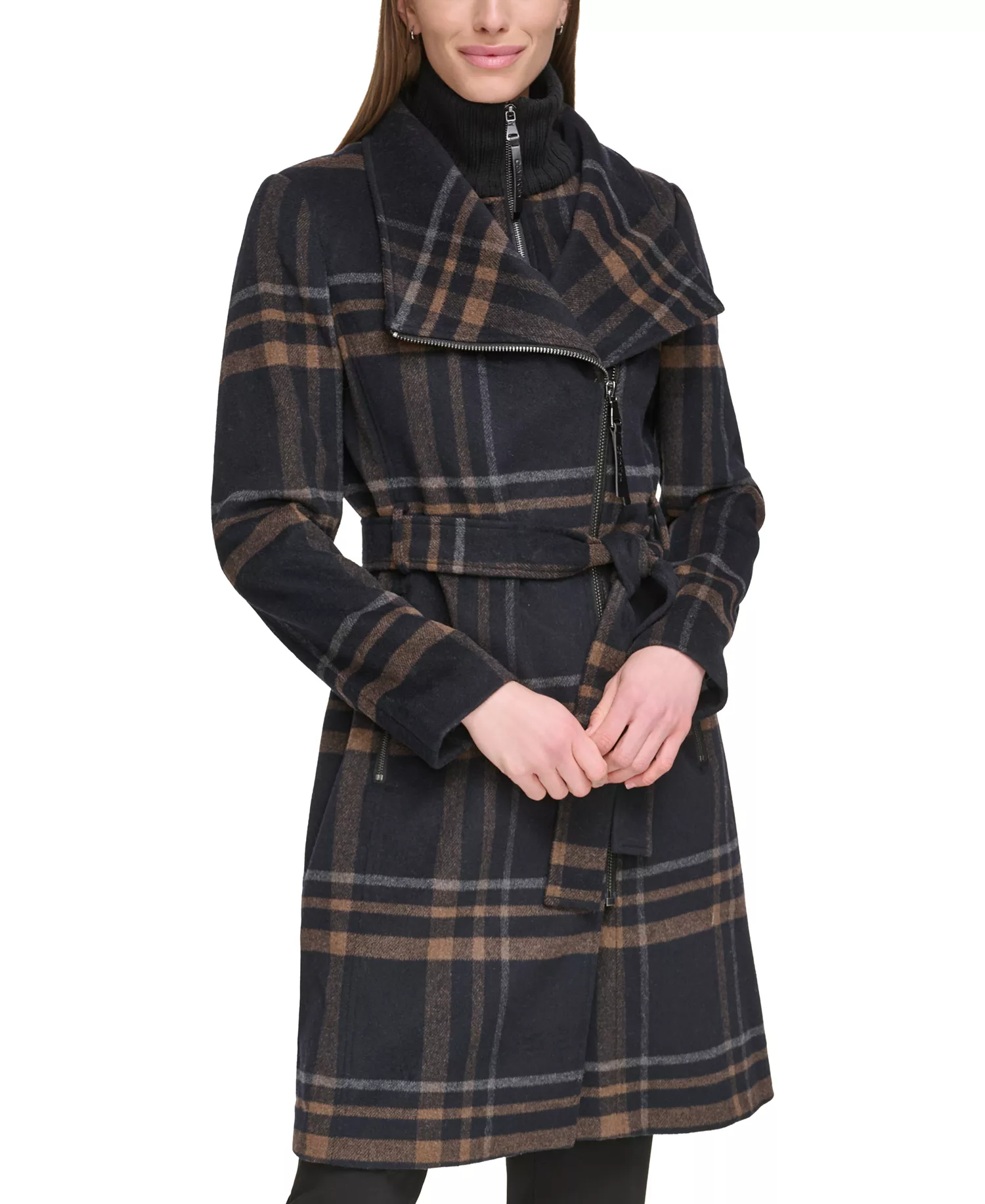 Womens Wool Blend Belted Wrap Coat, Created for Macys - Black Plaid - M