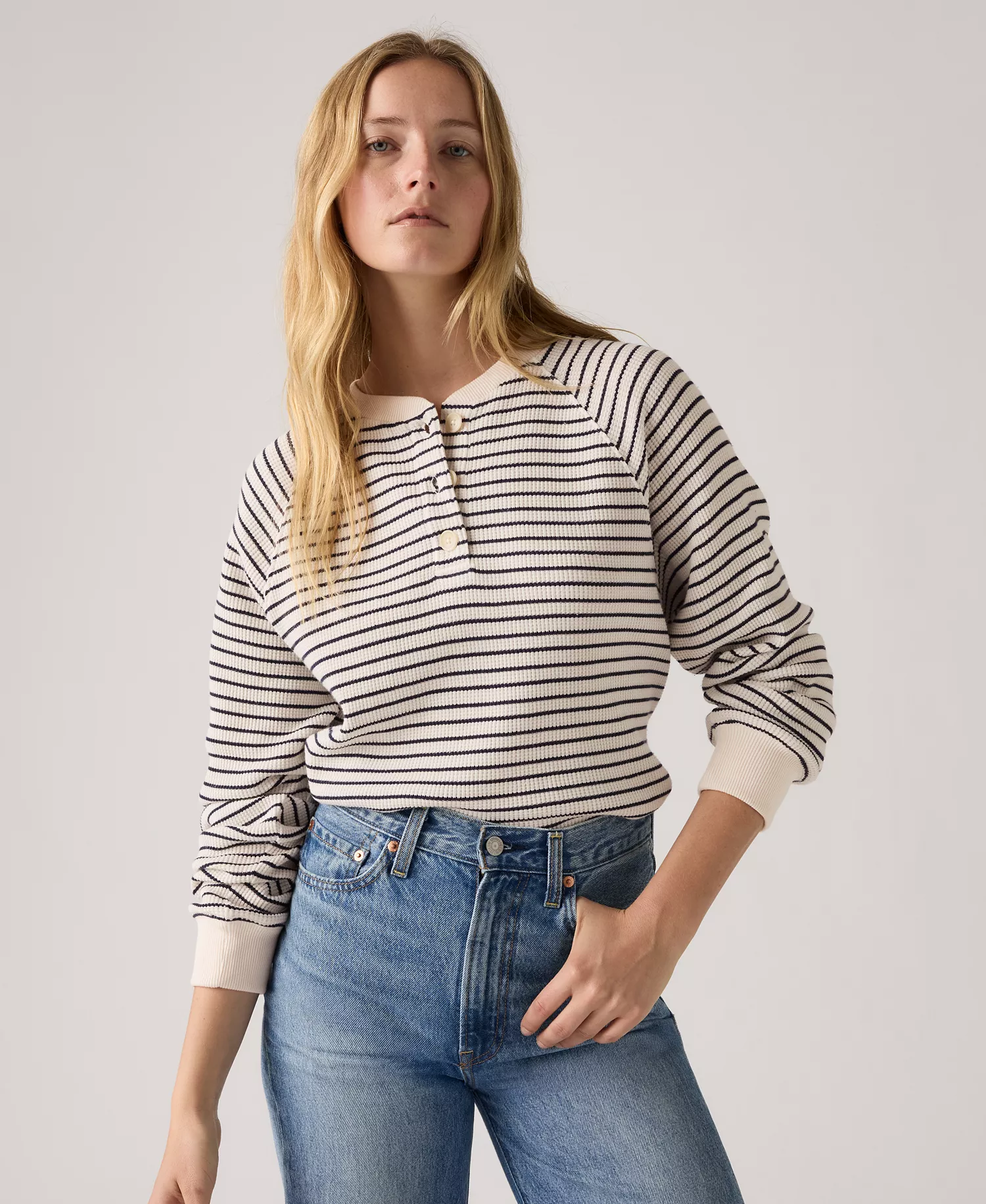 Women's Lassen Henley Long Sleeve Top - Jane Stripe Gardenia - L