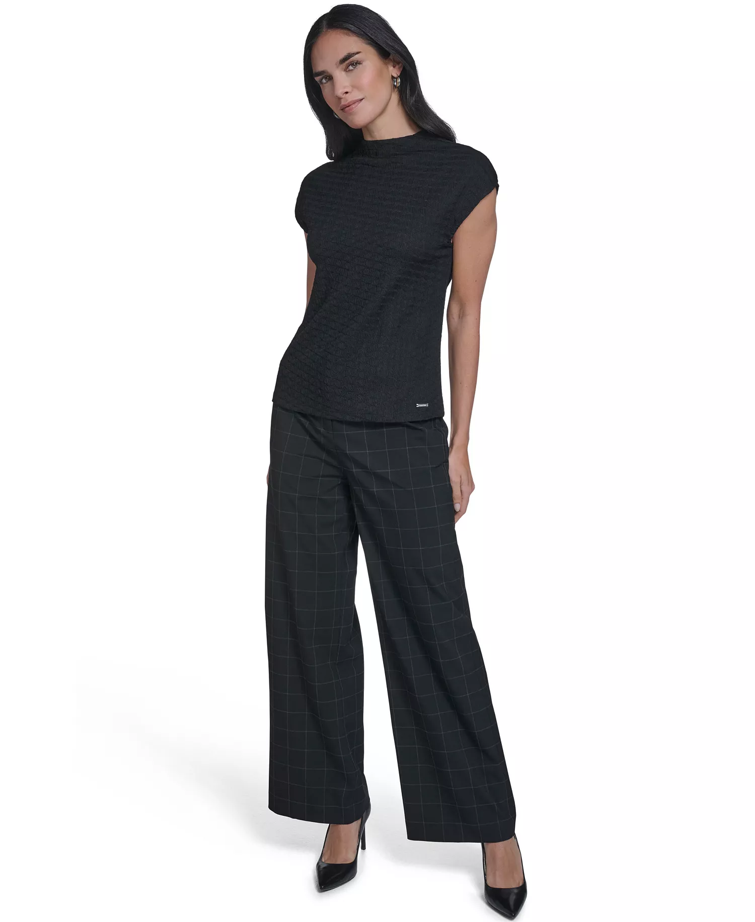 Women's Textured Mock Neck Cap Sleeve Top - Black - L