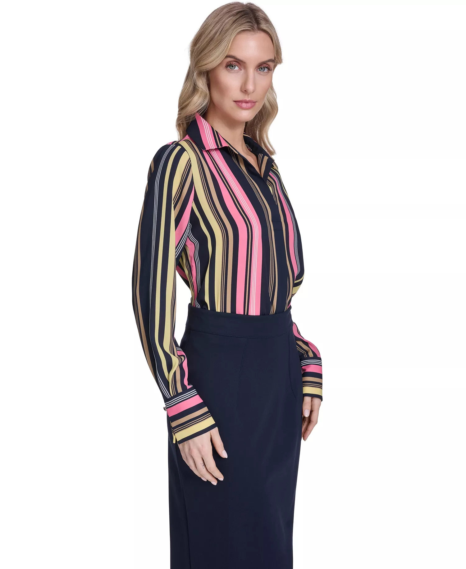 Women's Stripe Long-Sleeve Popover Top - Midnight/Pink Tulip - L