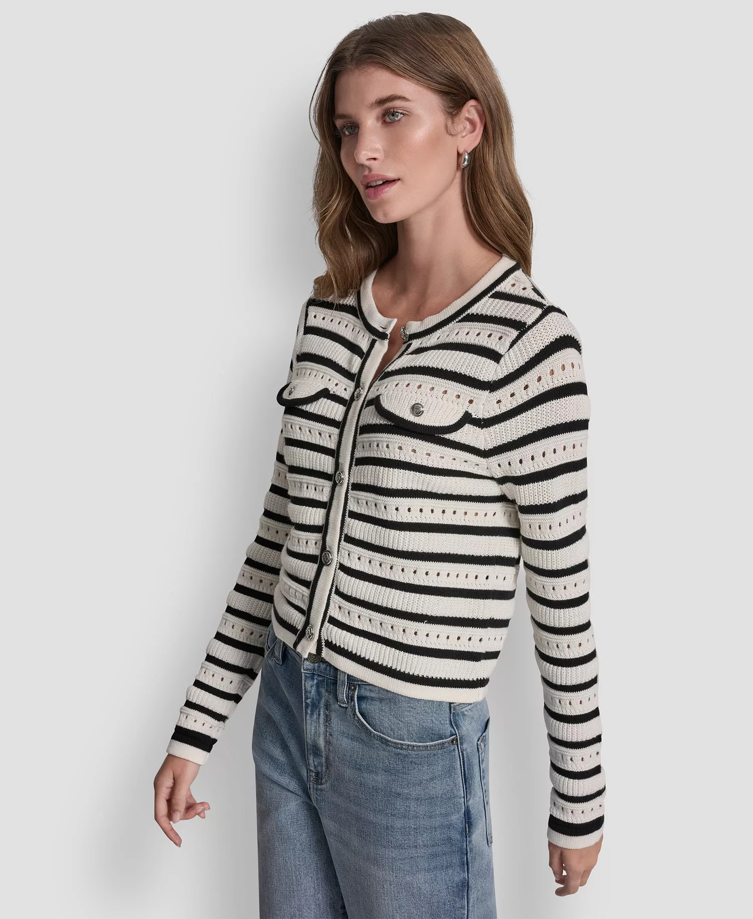Women's Crew Neck Pointelle Sweater - Ivory/black - L
