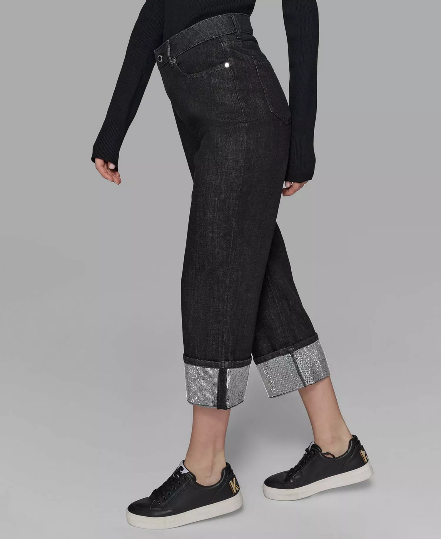 Petite High-Rise Cuffed-Embellished Jeans  - Black - 10P