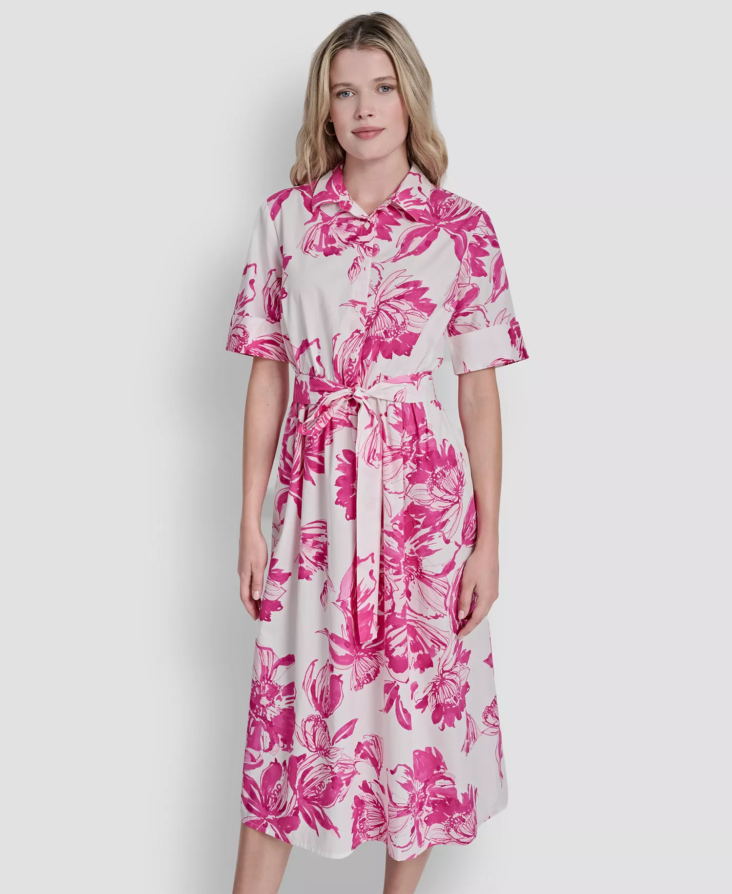 Women's Elbow-Sleeve Button-Front Shirt Dress - Hot Pink Multi - 10