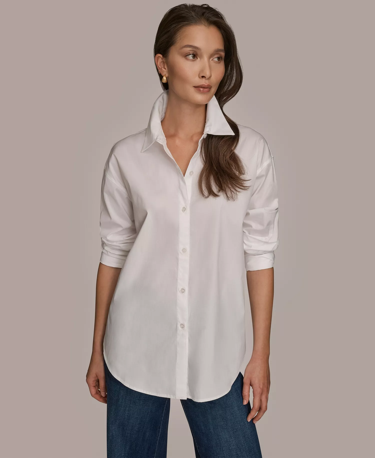 Women's Stretch Poplin Button-Down Shirt - White - L