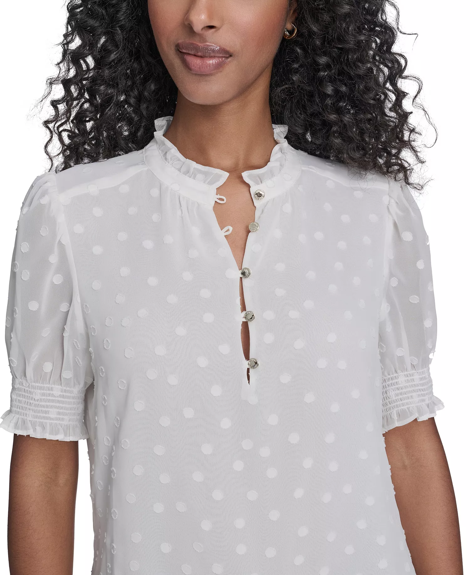 Women's Clip Dot Ruffle Popover Top - Ivory - L