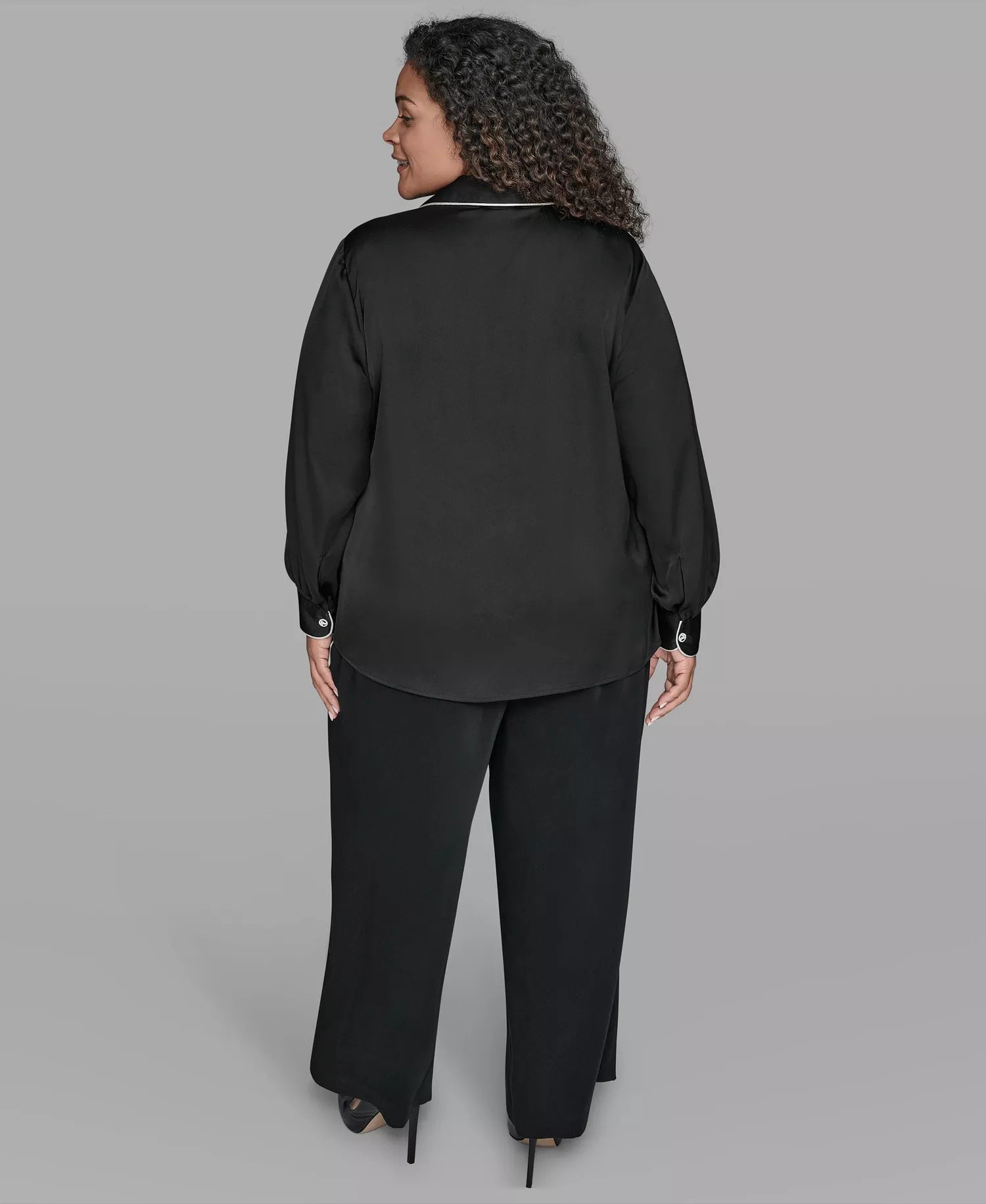 KARL LAGERFIELD PARIS Plus Size Contrast Placket Long Sleeves Blouse - Black - 0X