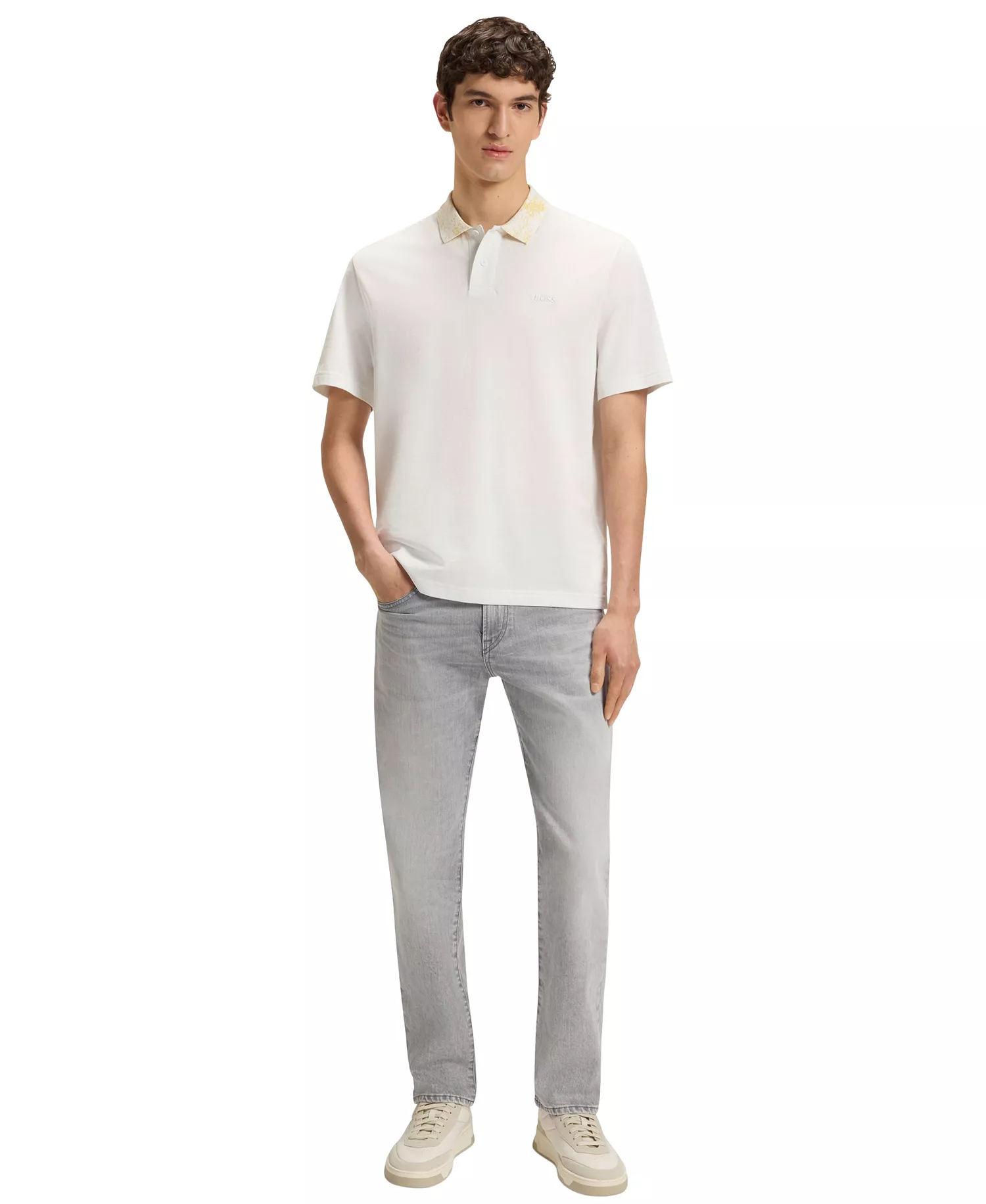 Men's Cotton-Pique Patterned Collar Polo Shirt - Natural - L