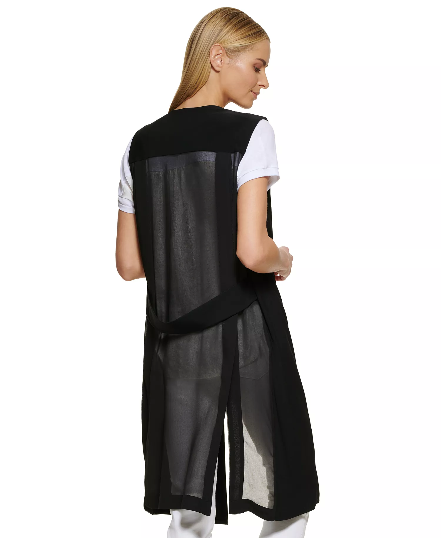 Chiffon Back Long Vest  - Black - XL