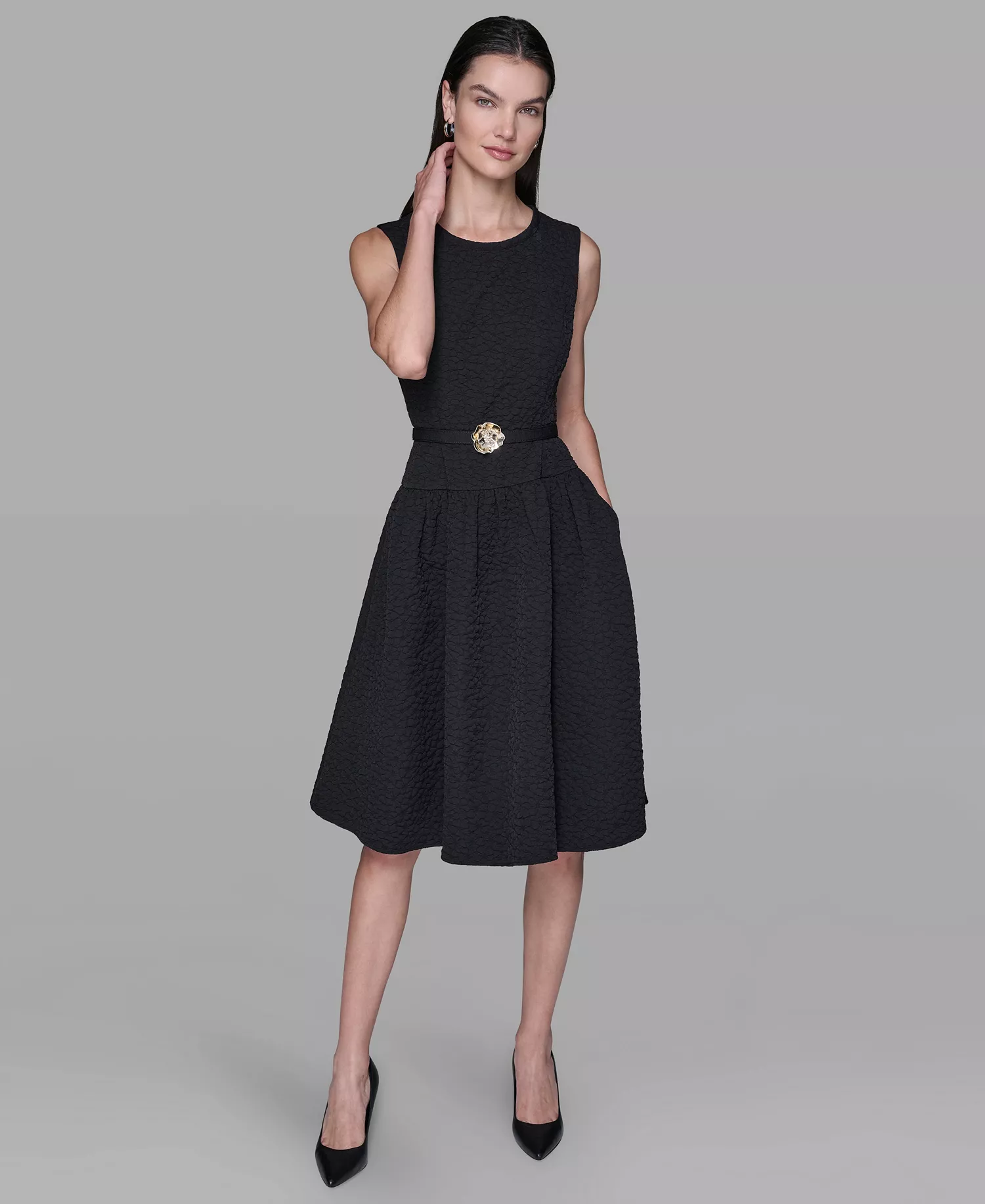 Women's Floral Crew Neck Belted Midi Dress - Black - 10