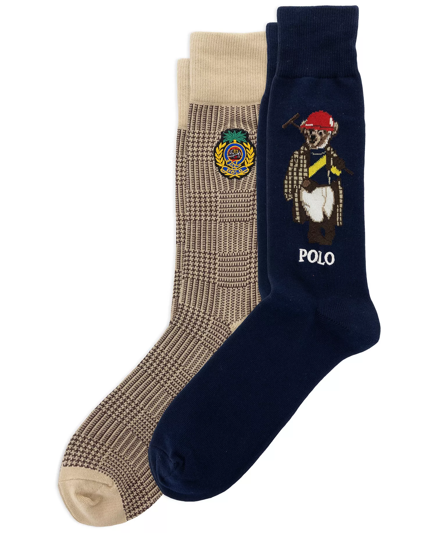 Men's Polo Society Bear Socks, 2-Pack - Navy/Beige - 10-13