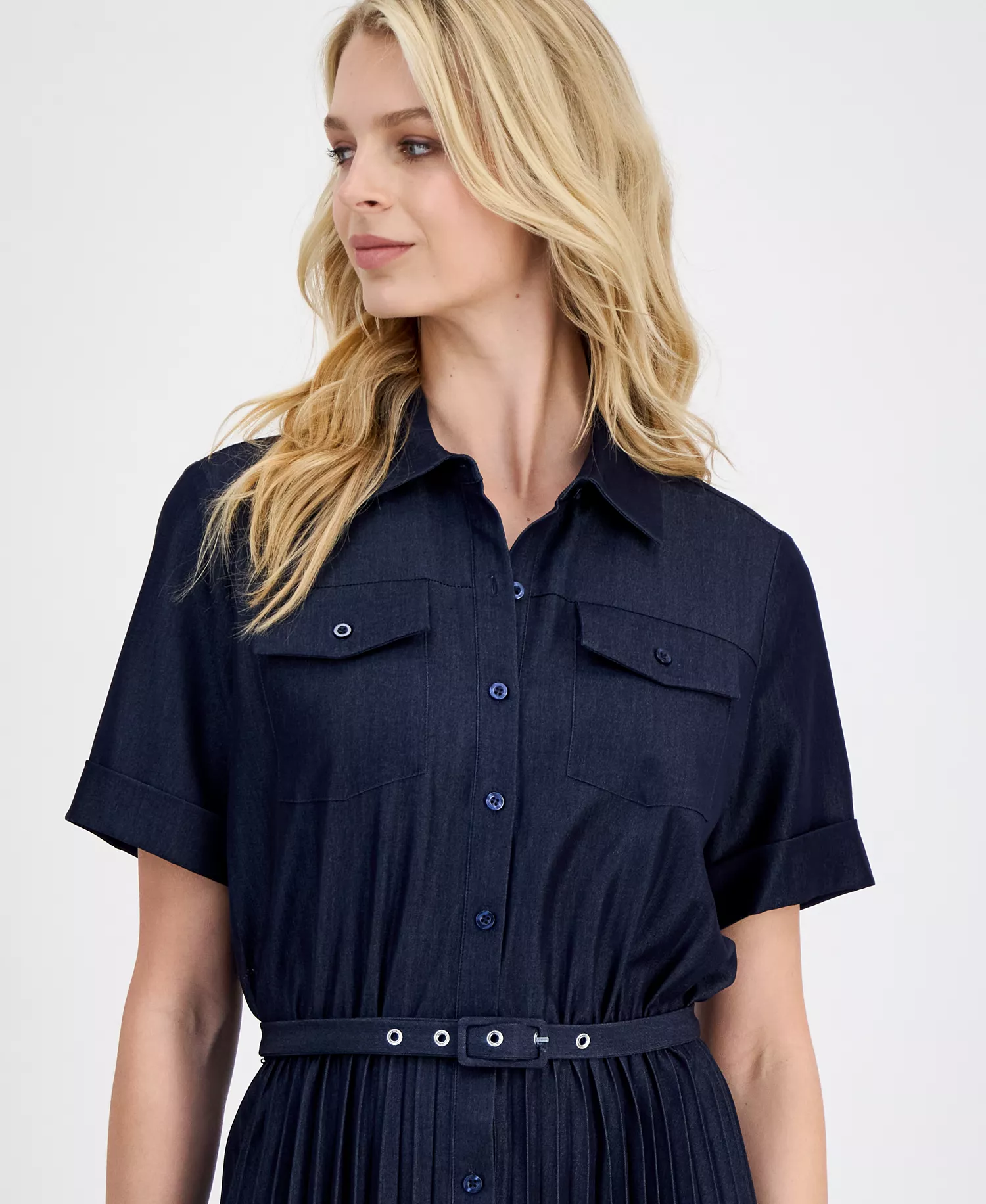 Women's Belted Button-Front Midi Dress - Dark Denim - 10