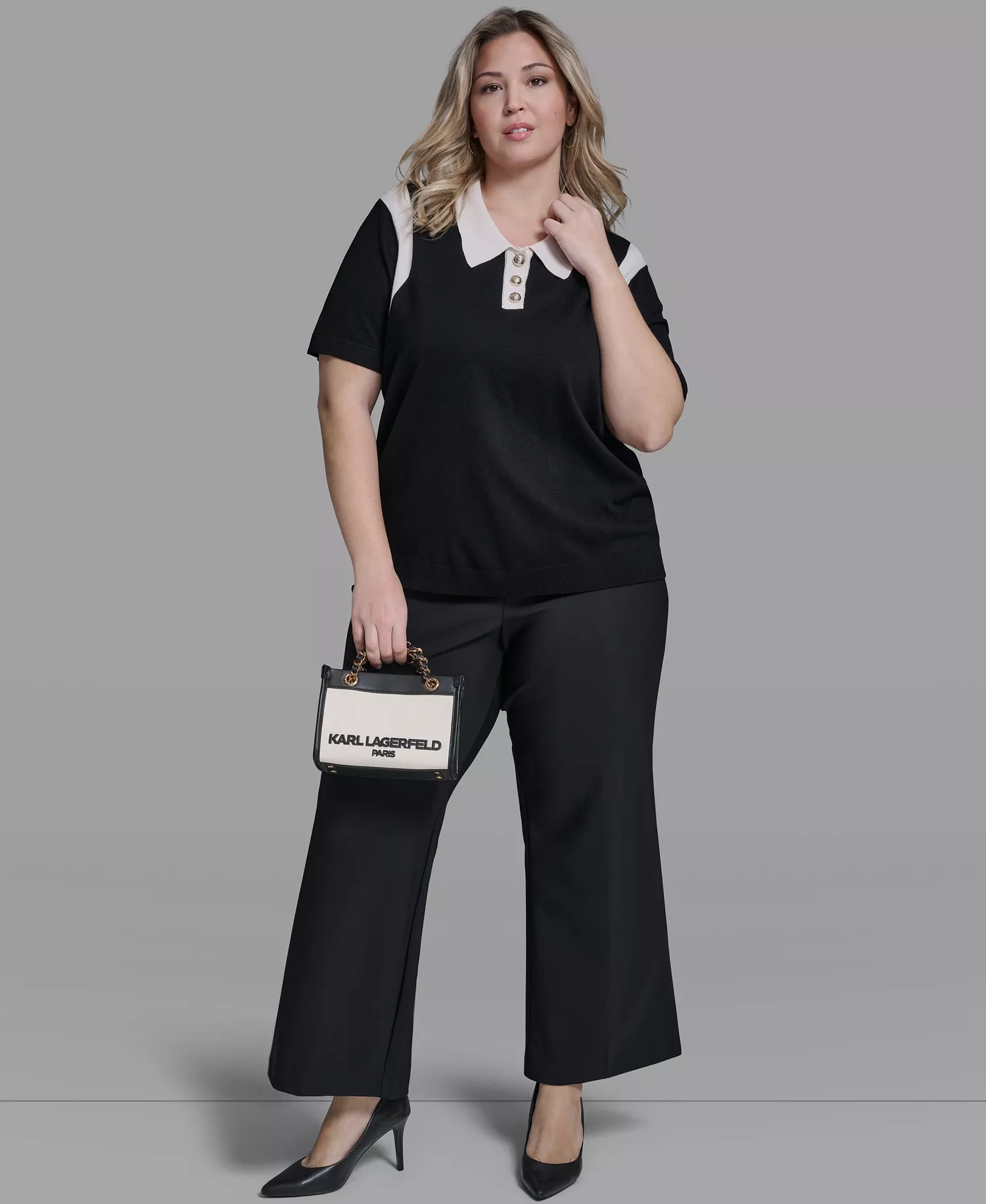 Plus Size Solid Short-Sleeve Polo Sweater - Black/Bisque - 0X