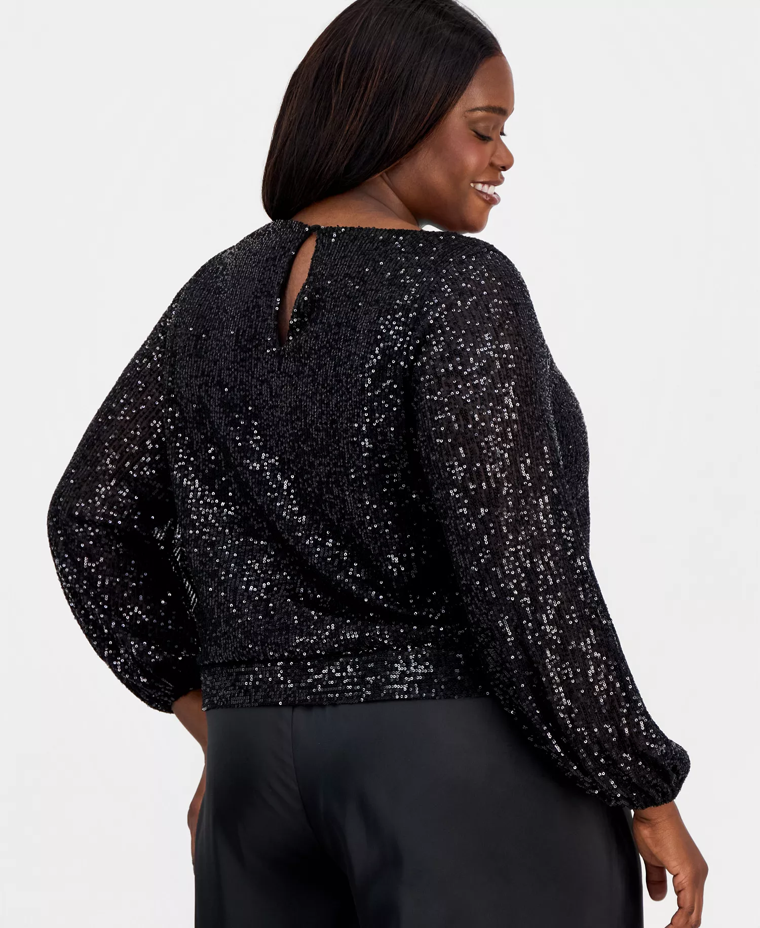 Plus Size Sequin Blouson-Sleeve Top - Black - 1X