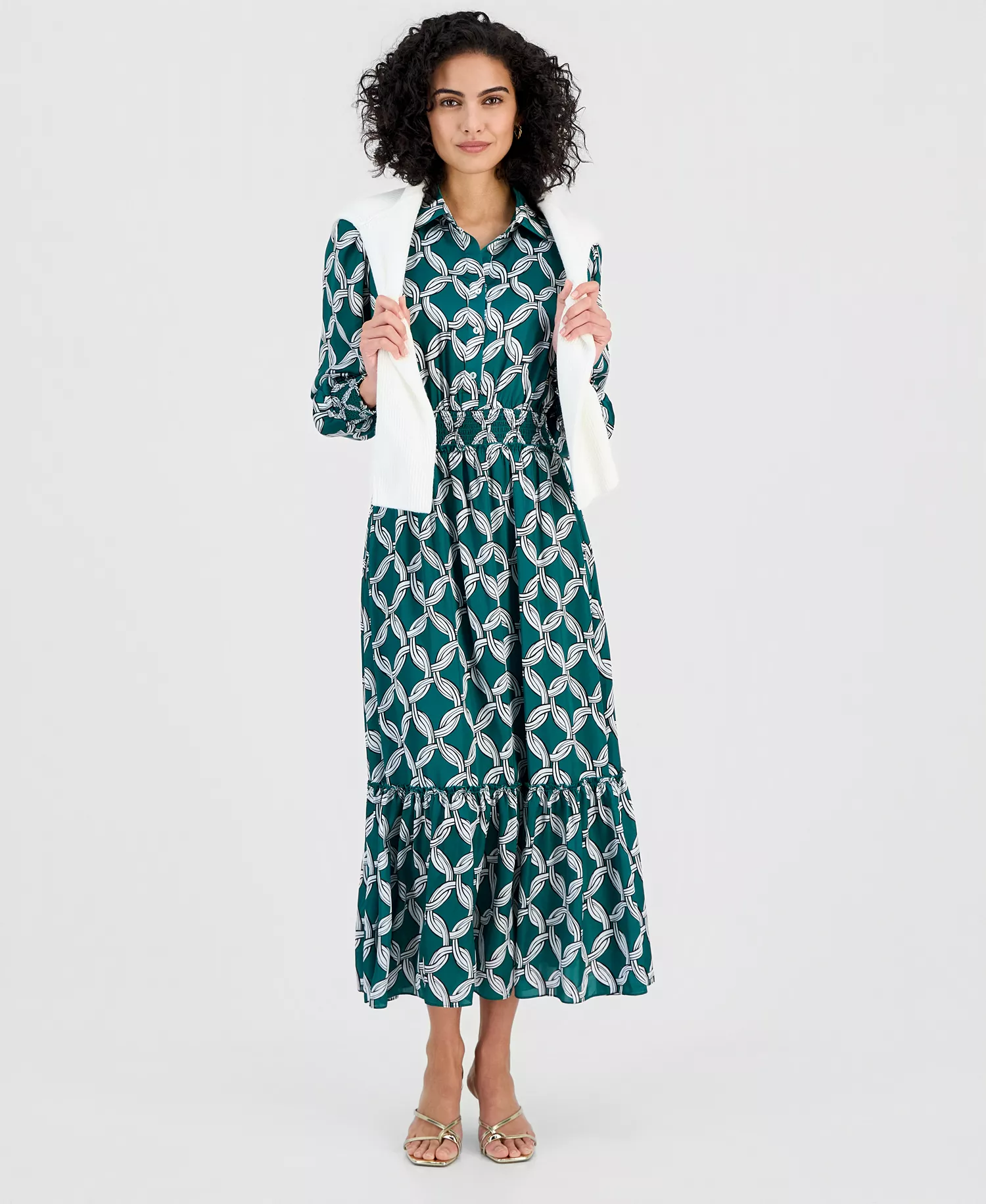 Women's Printed Peplum-Hem Midi Dress - Infinity Chain - M