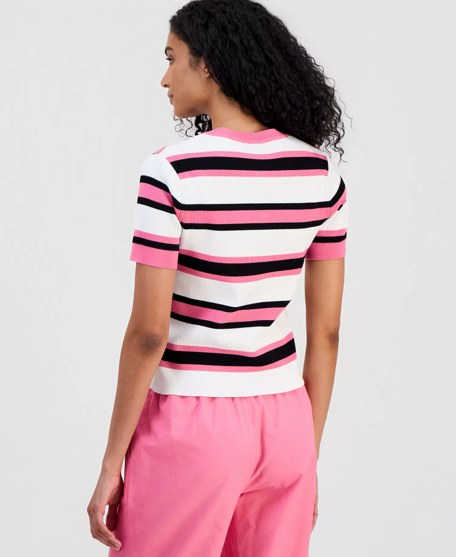 Women's Short-Sleeve Ribbed Cardigan - Parisian Pink Stripe - L