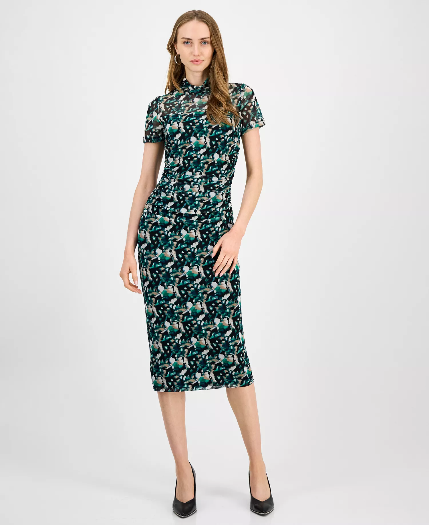Women's Printed-Mesh Mock-Neck Midi Dress, Macy's Exclusive - Bright Green Multi - 2XL