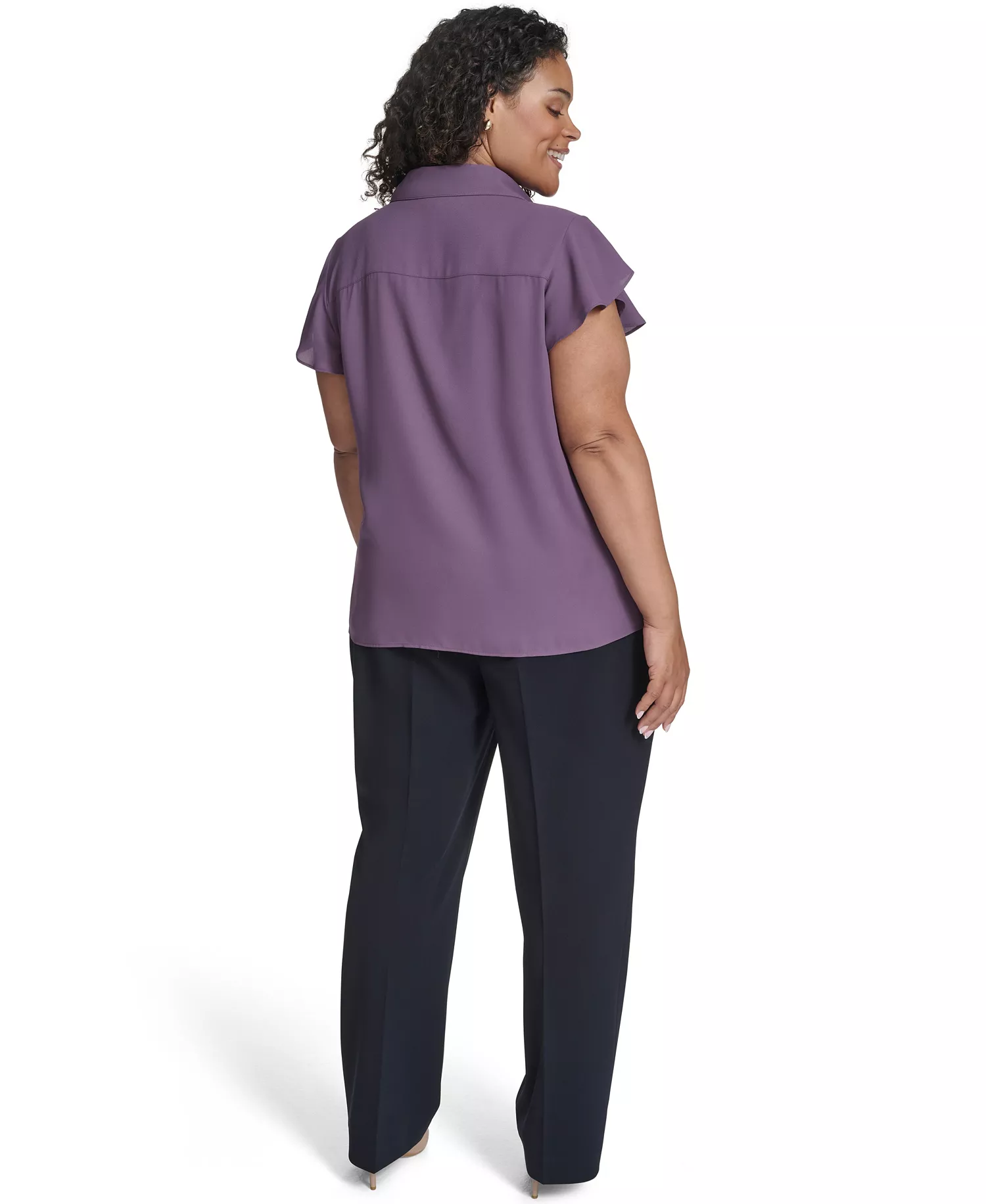 Women's Plus Size Solid Cap Sleeve Ruffle Front Top - Winter Plum - 1X
