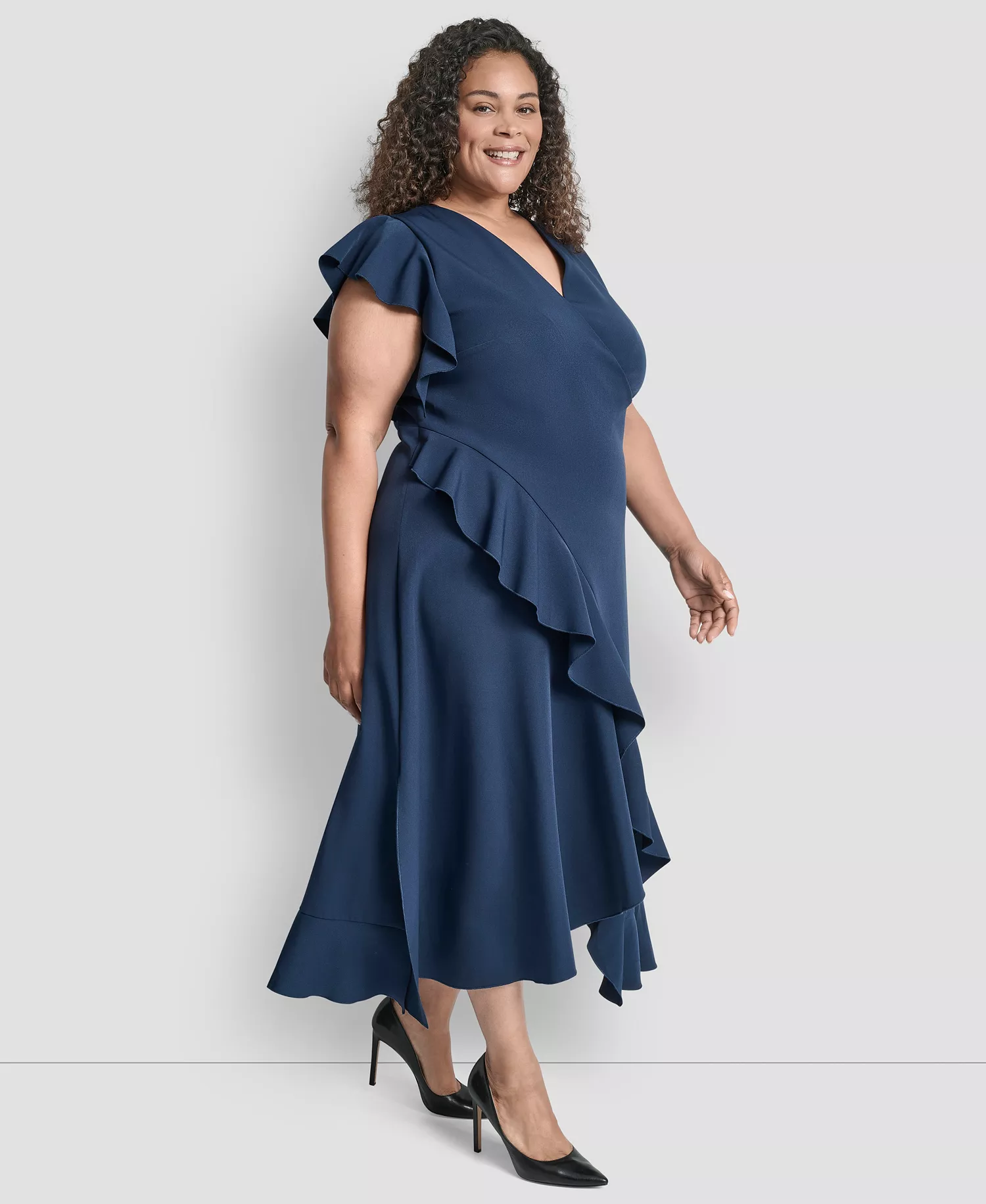 Plus Size V-Neck Ruffle Sleeve Midi Dress - Indigo - 14W