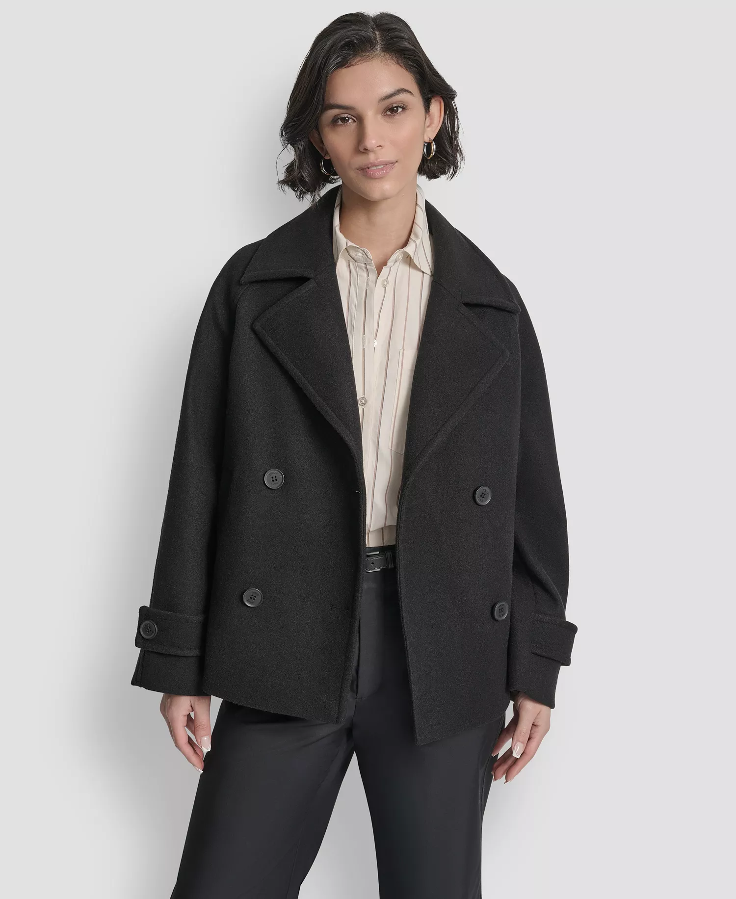 Women's Short Double Breasted Collared Coat - Black - L