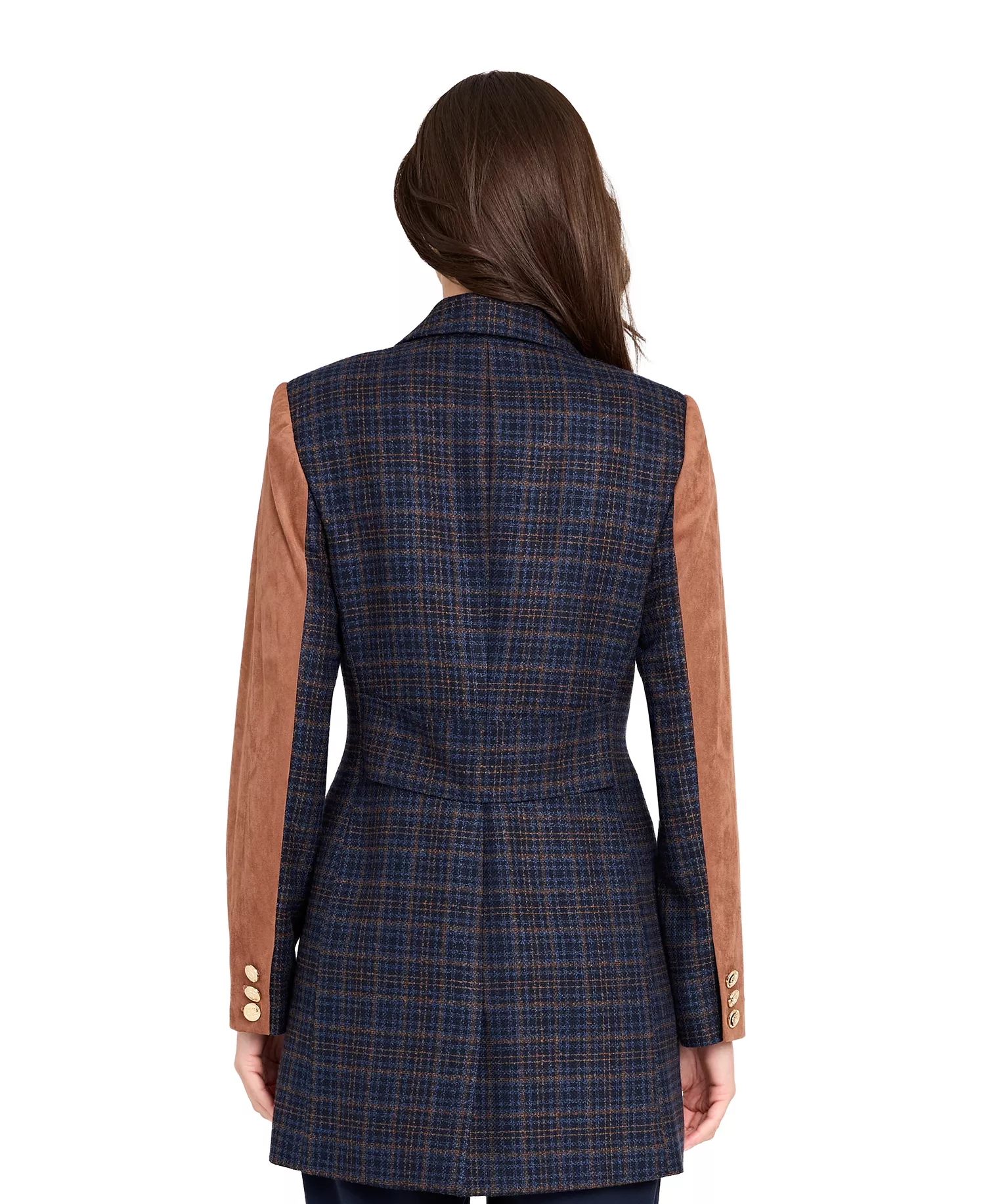 Women's Mixed Media Plaid One-Button Jacket - Navy/tawny - 16
