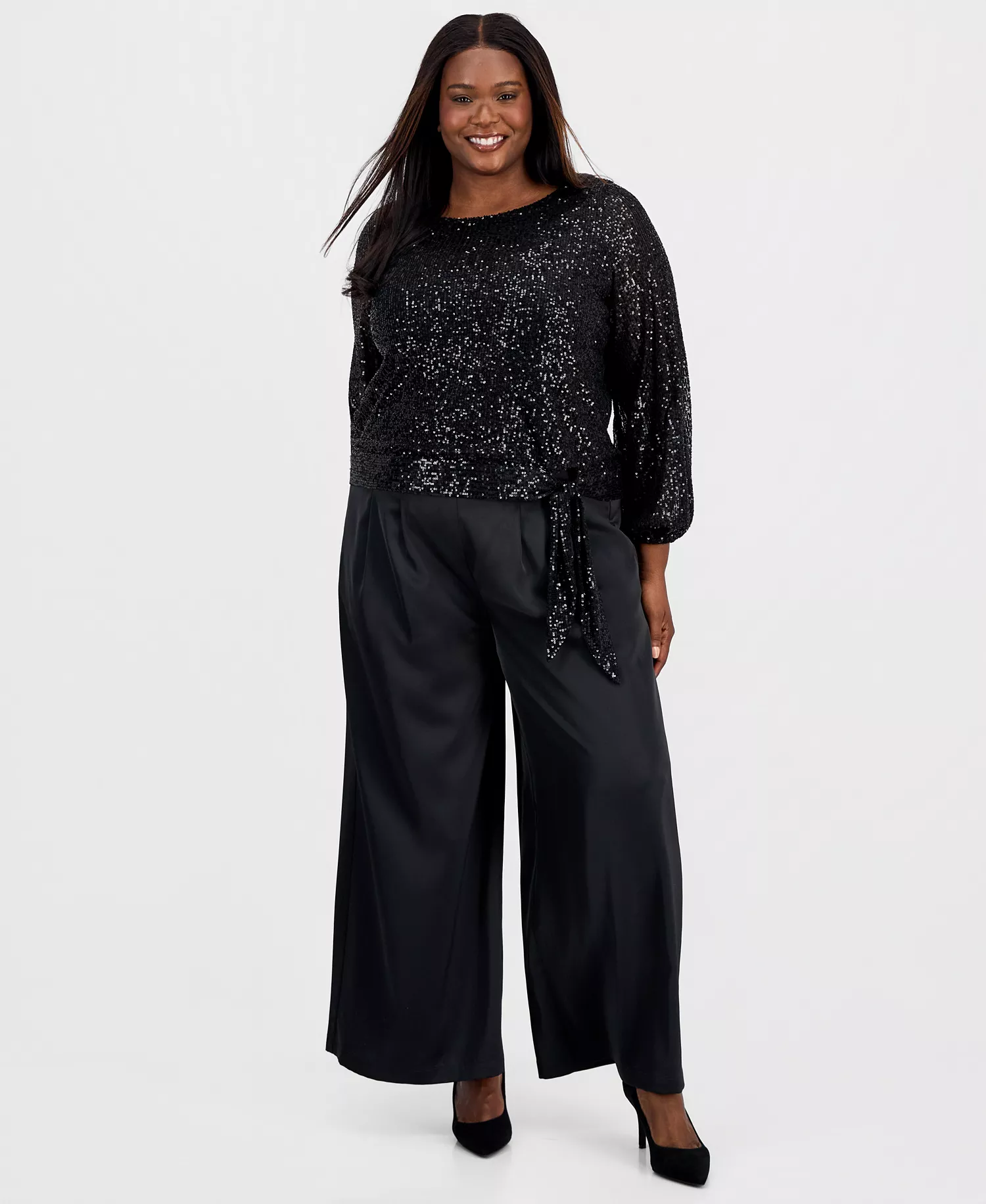 Plus Size Sequin Blouson-Sleeve Top - Black - 1X