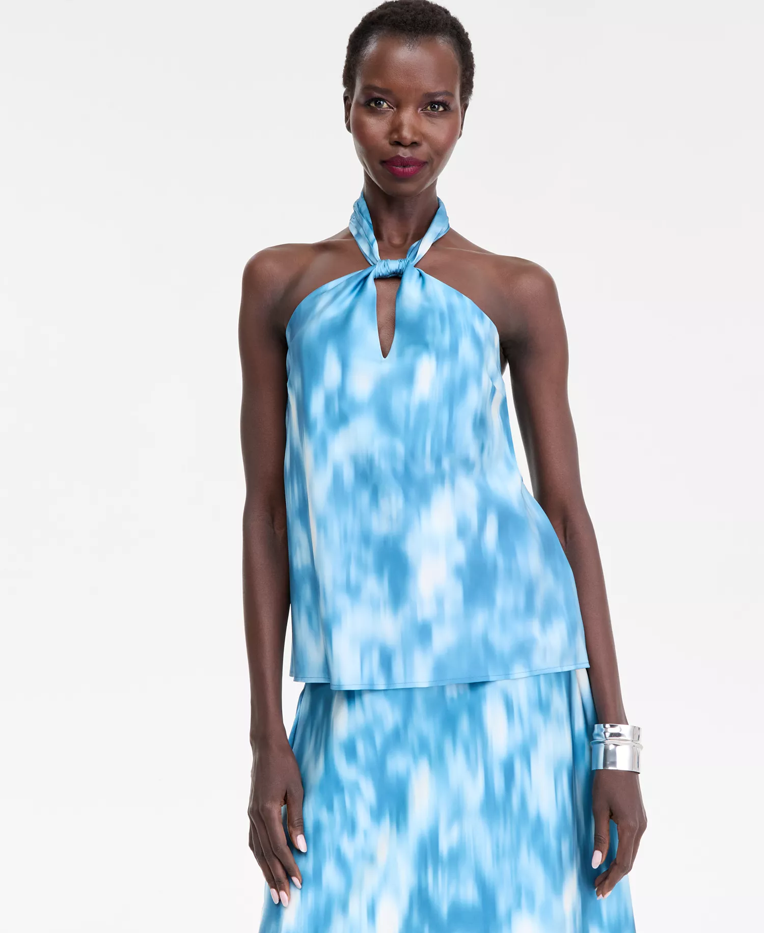 Women's Printed Satin Knotted Halter Top, Macy's Exclusive - Blue - L