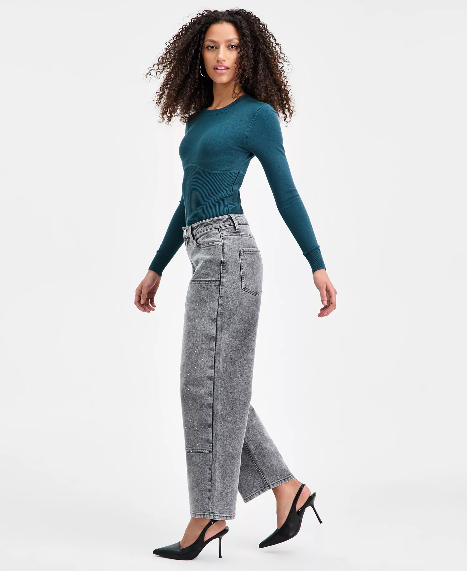 Women's Rhinestone Embellished Barrel-Leg Jeans, Macy's Exclusive - Gray Wash - 0