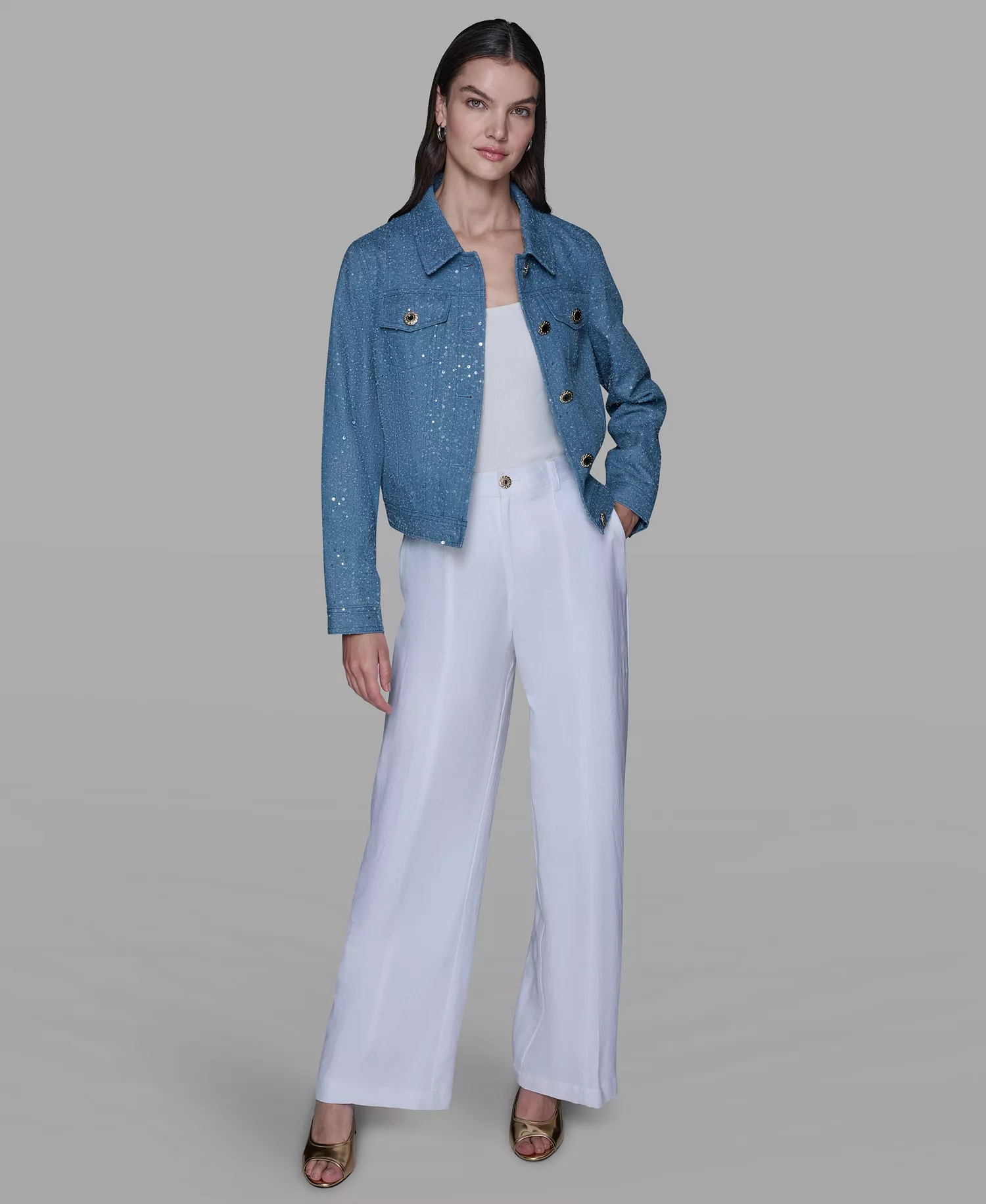 Women's Button Front Sequin Detail Jacket - Medium Blue - L