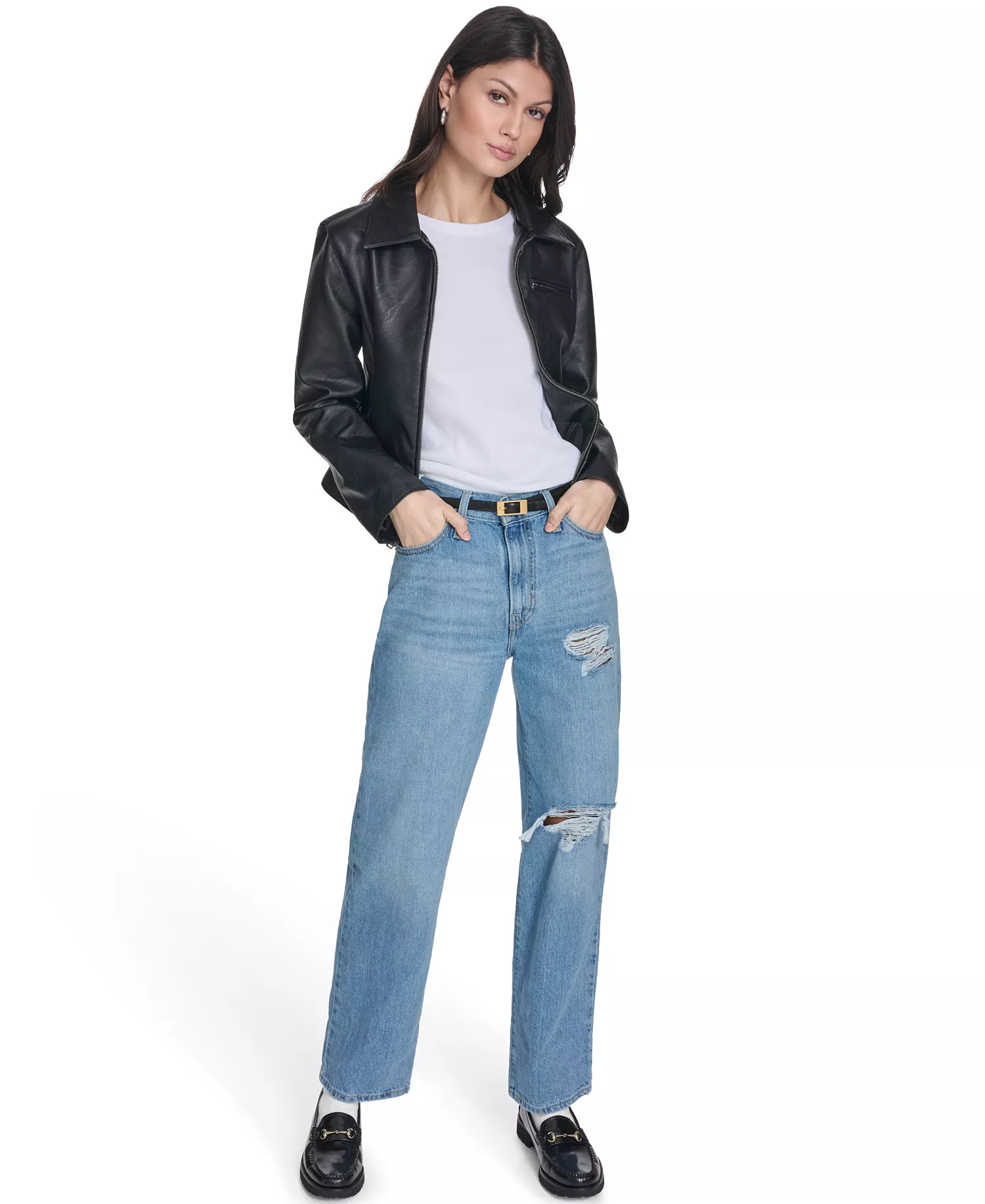 Women's Laydown Collar Zip-Front Jacket - Black - L