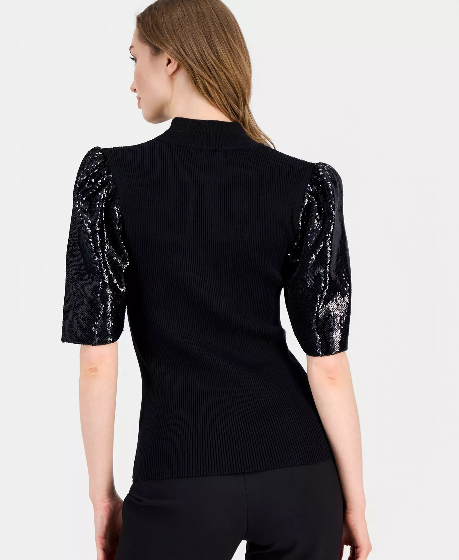 Women's Sequin-Sleeve Ribbed Top - Black - L