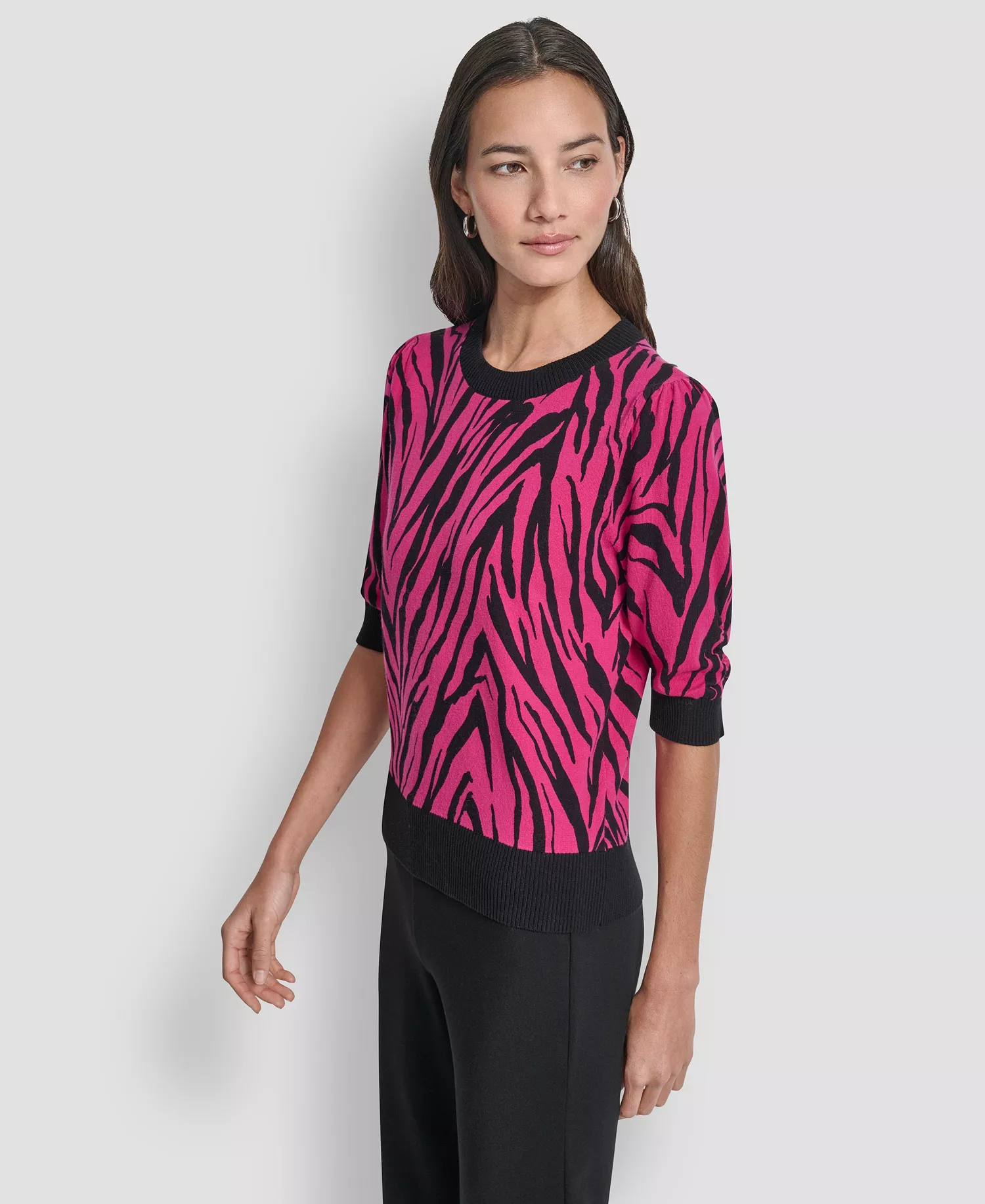 Women's Zebra Print Crew Neck Sweater - Fuchsia/black - L