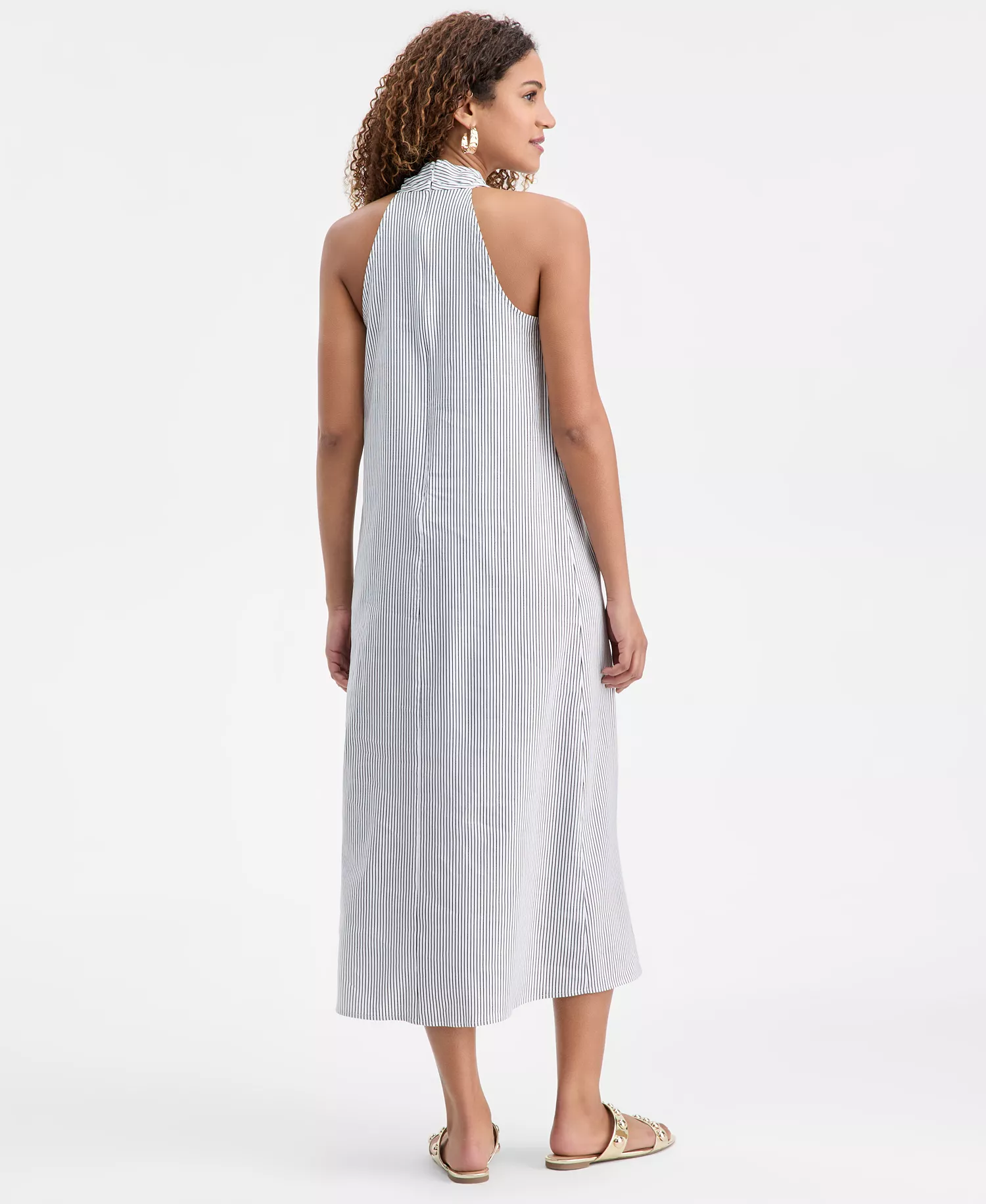 Linen-Blend Crossover Halter Midi Dress, Macy's Exclusive - Magda Stripe - M