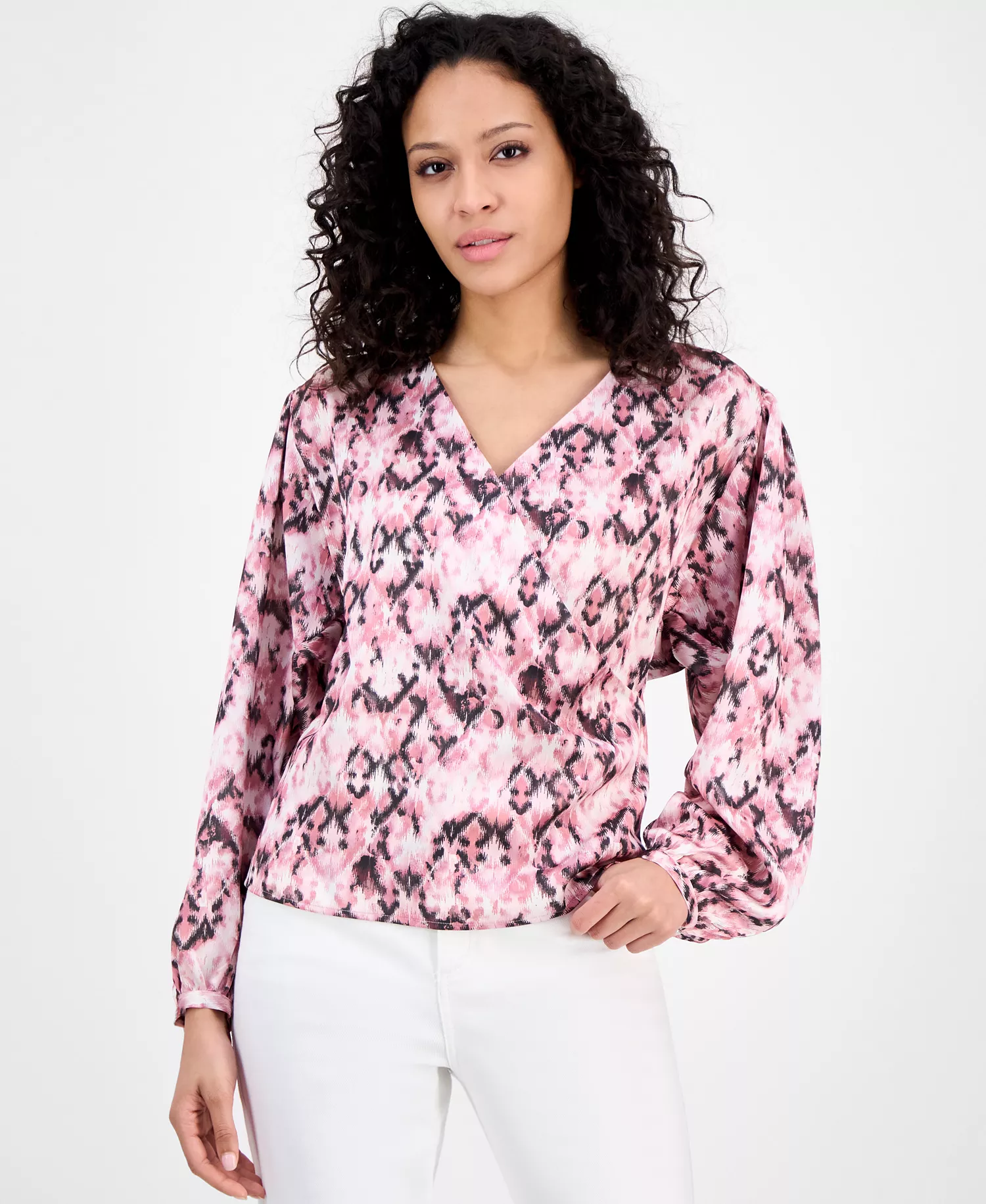 Women's Printed Long-Sleeve V-Neck Blouse - Pink Aztec - M
