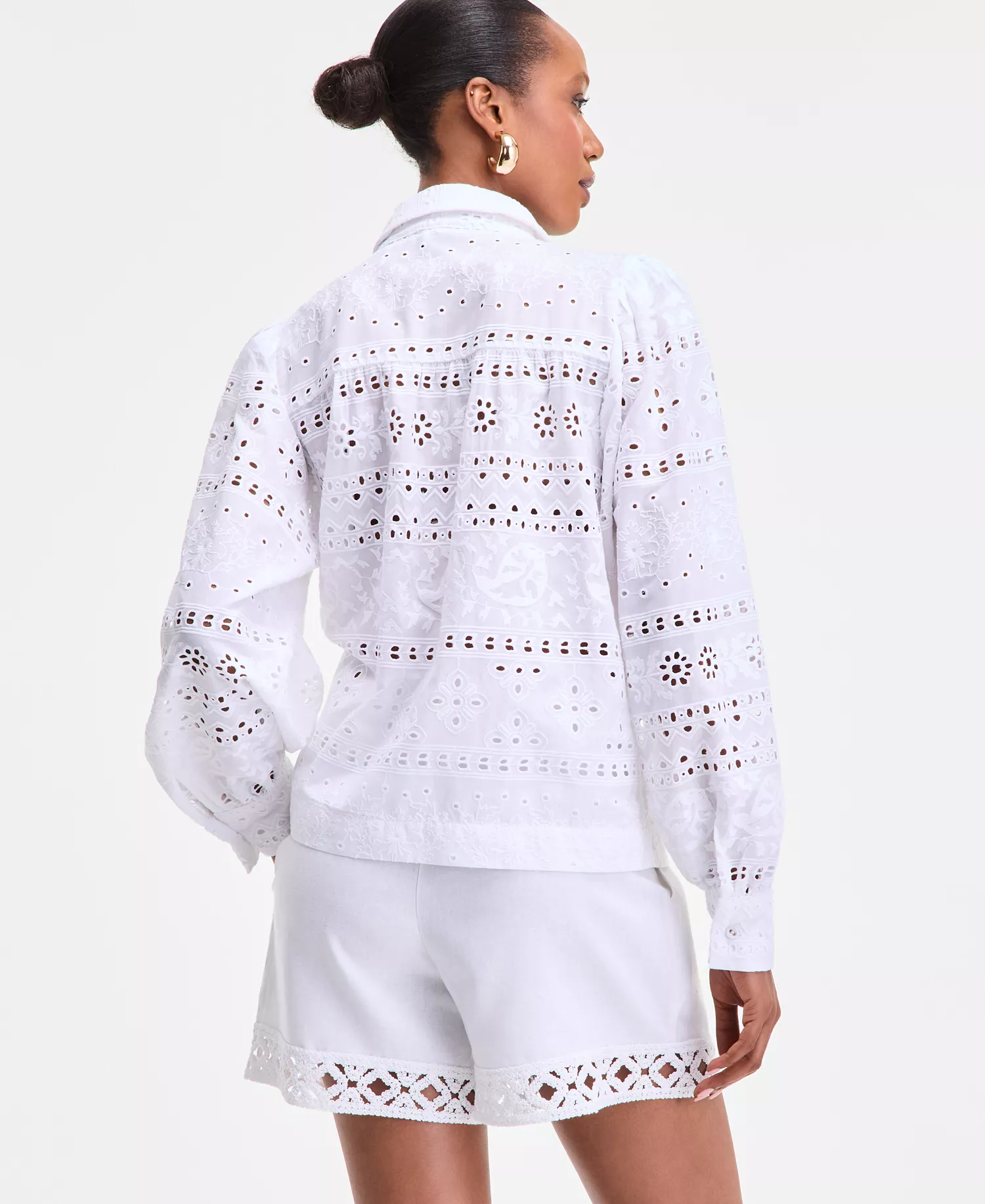 Women's Cotton Eyelet Blouson-Sleeve Blouse, Exclusively at Macy's - Bright White - L