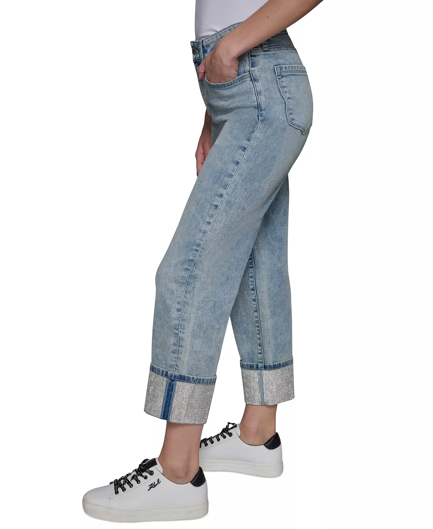 Petite Crystal-Cuff Cropped Jeans - Ice Blue - 10P