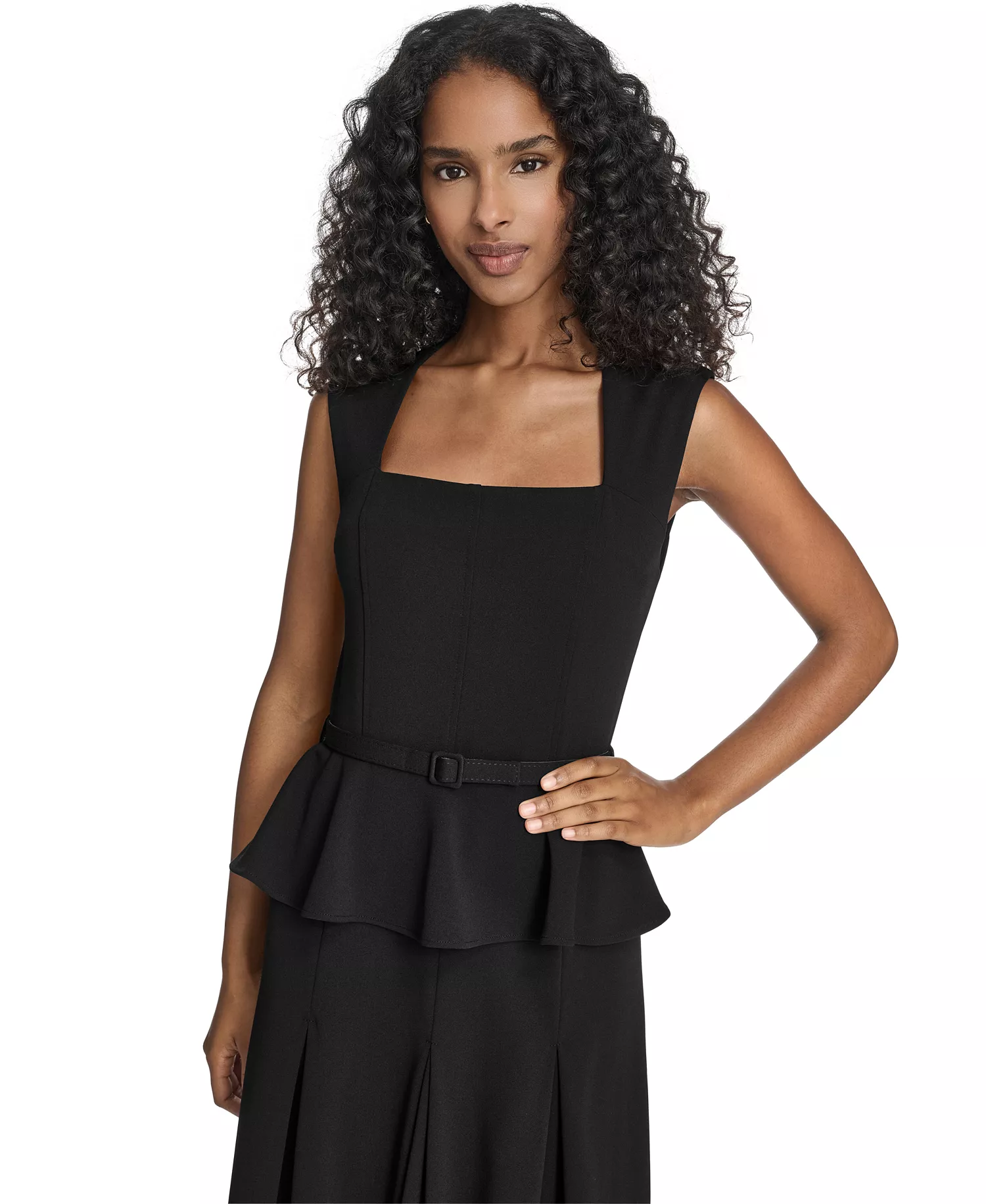 Women's Square-Neck Belted Midi Dress - Black - 10