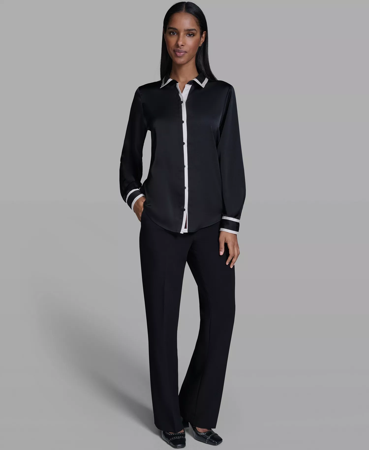 Women's Collared Long-Sleeve Top - Black/Bisque - L