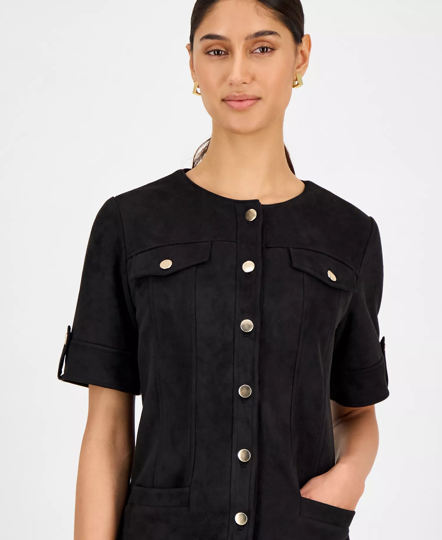Women's Faux-Suede Short-Sleeve Shirtdress - Black - 10