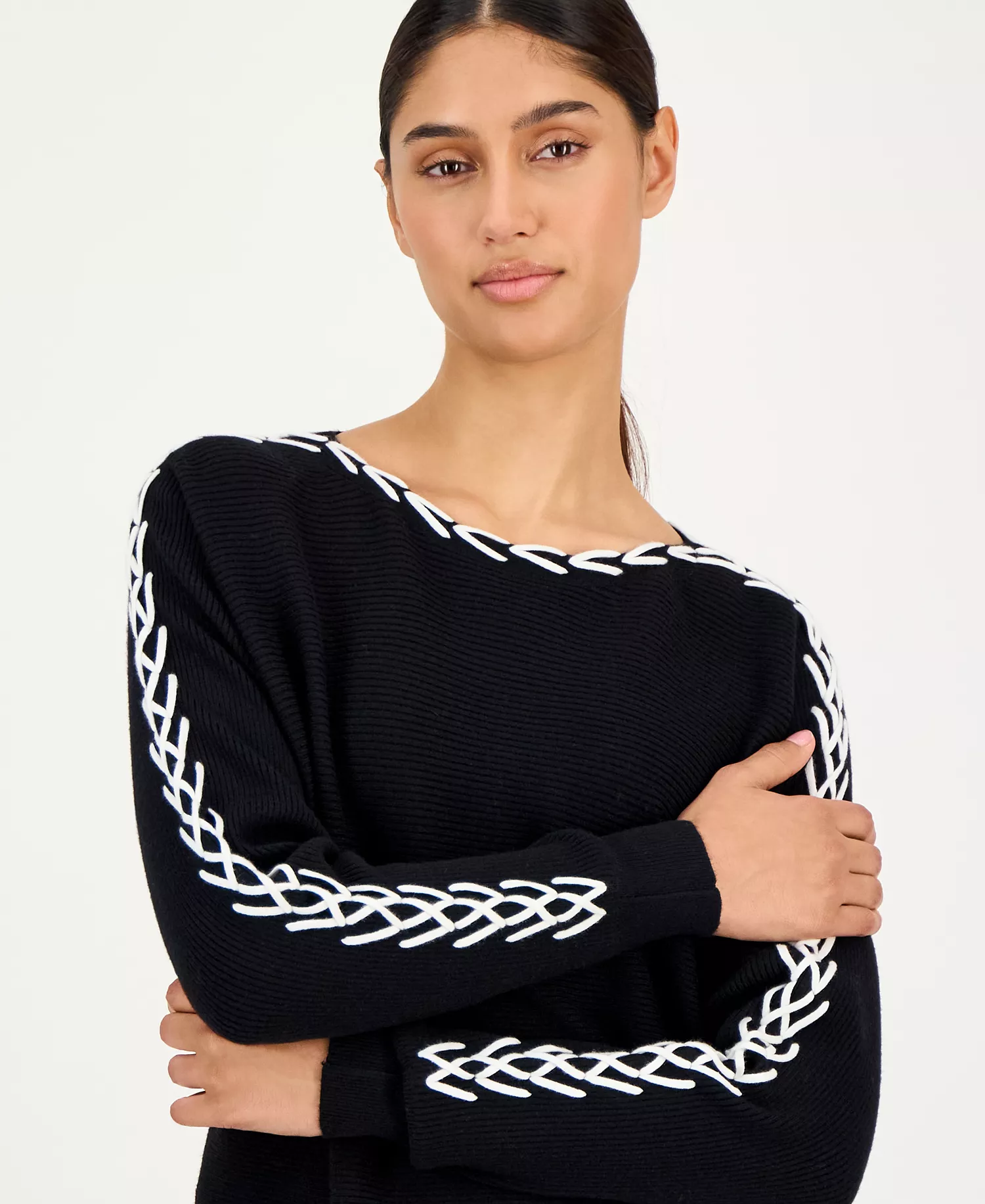 Women's Ribbed Dolman-Sleeve Sweater - Black/white - L