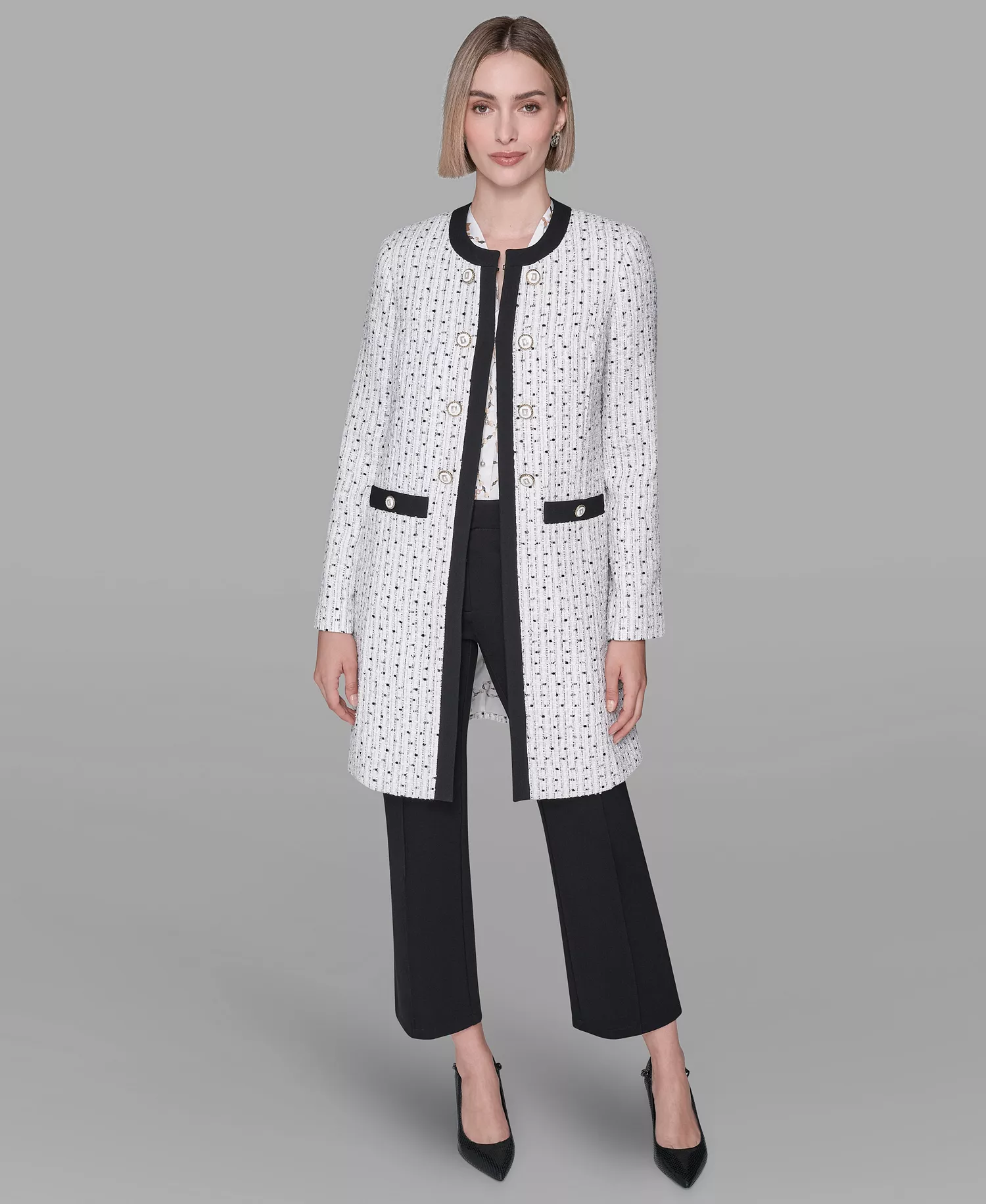 Women's Round Neck Hook & Eye Front Topper Jacket - Natural Multi - 0