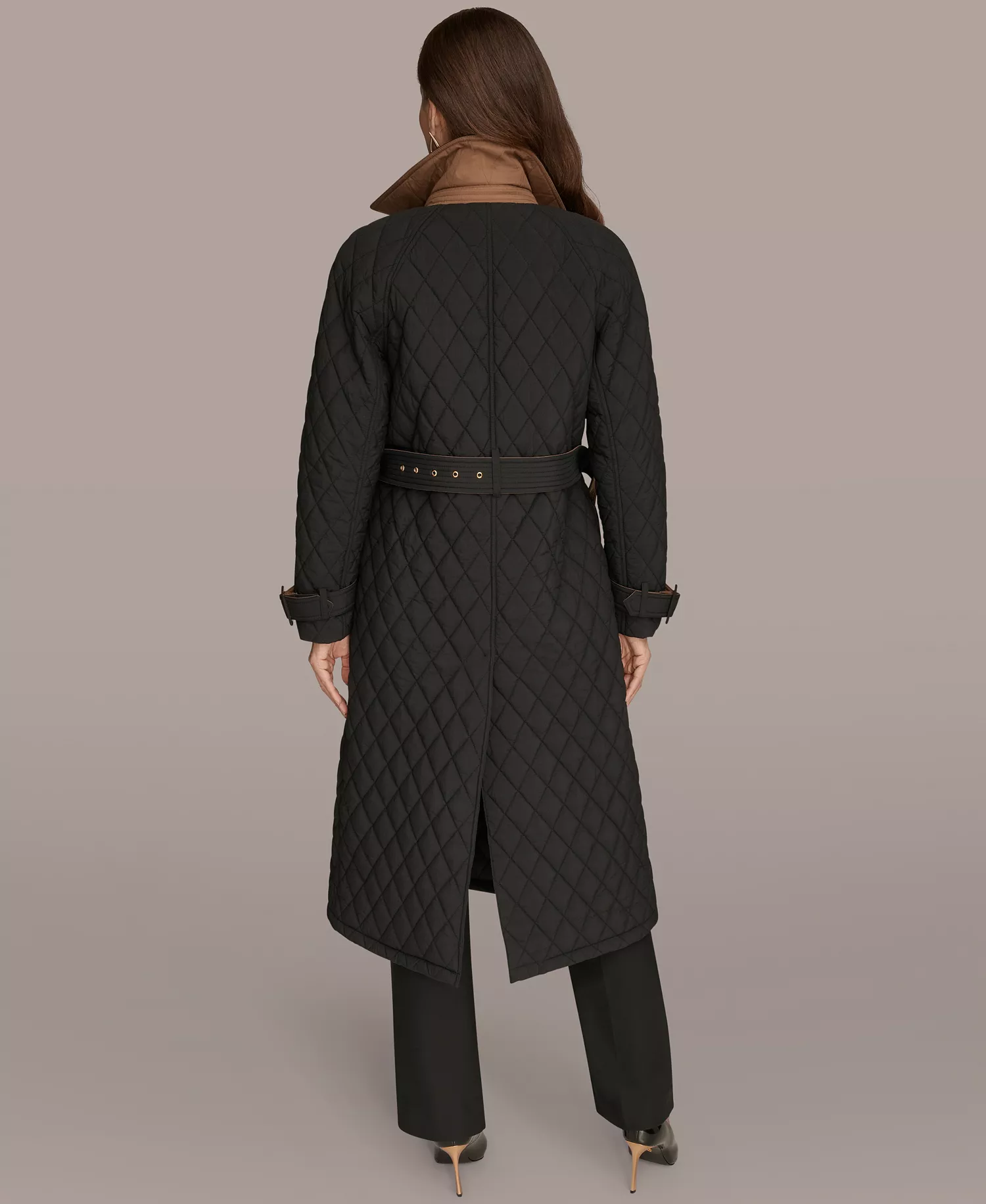 Women's Belted Maxi Quilted Coat - Black - M