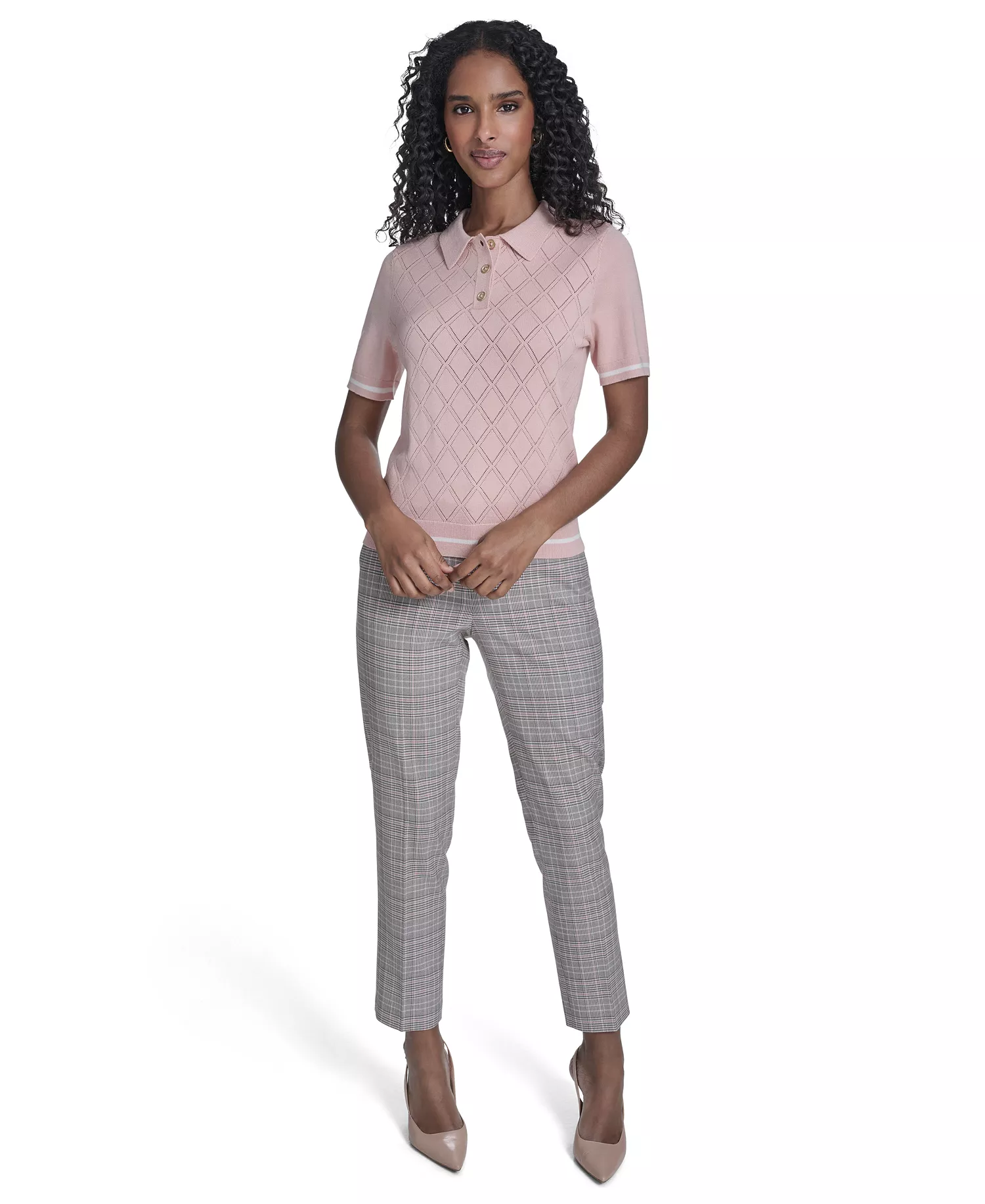 Women's Pointelle Polo Collared Sweater - Evening Sand/ Whitecap - L