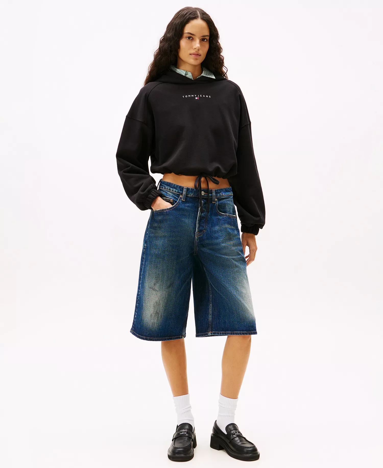 Women's Crop Linear Bling Hoodie - Black - L