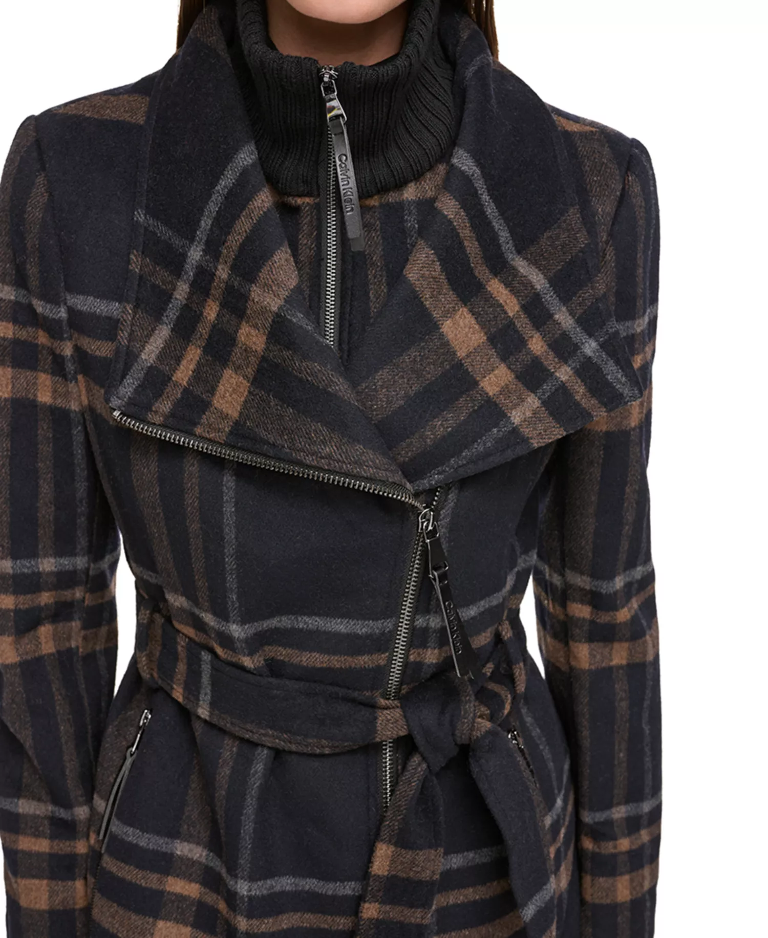 Womens Wool Blend Belted Wrap Coat, Created for Macys - Black Plaid - M