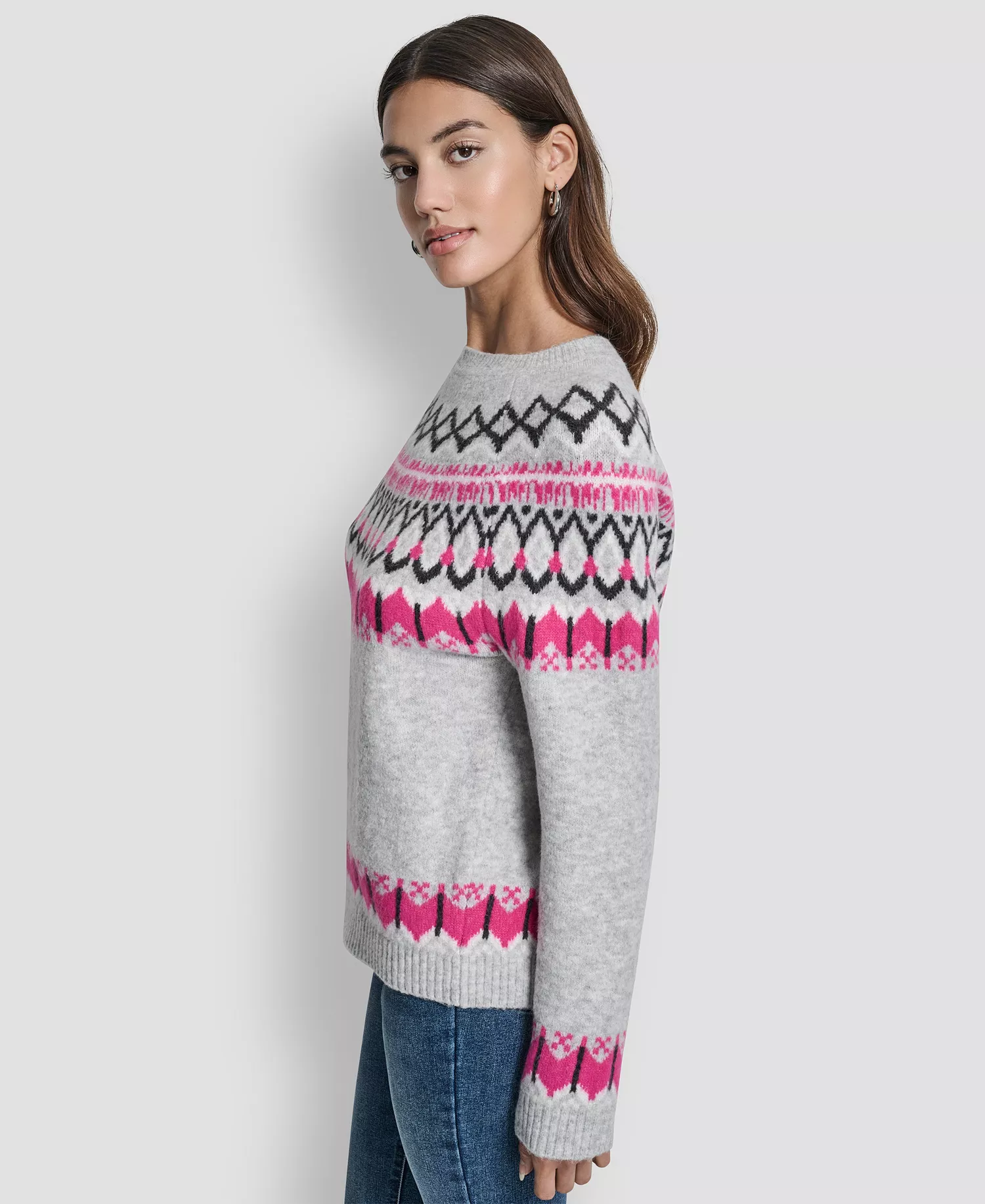 Women's Fair Isle Crewneck Raglan Sweater  - Festve Pink Combo - L