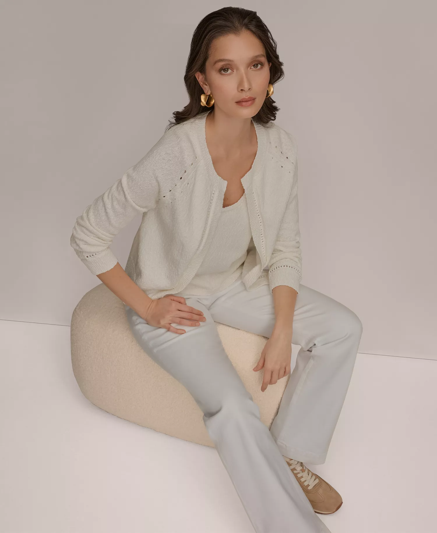 Women's Pointelle Stitch Open-Front Cotton Cardigan  - Cream - L