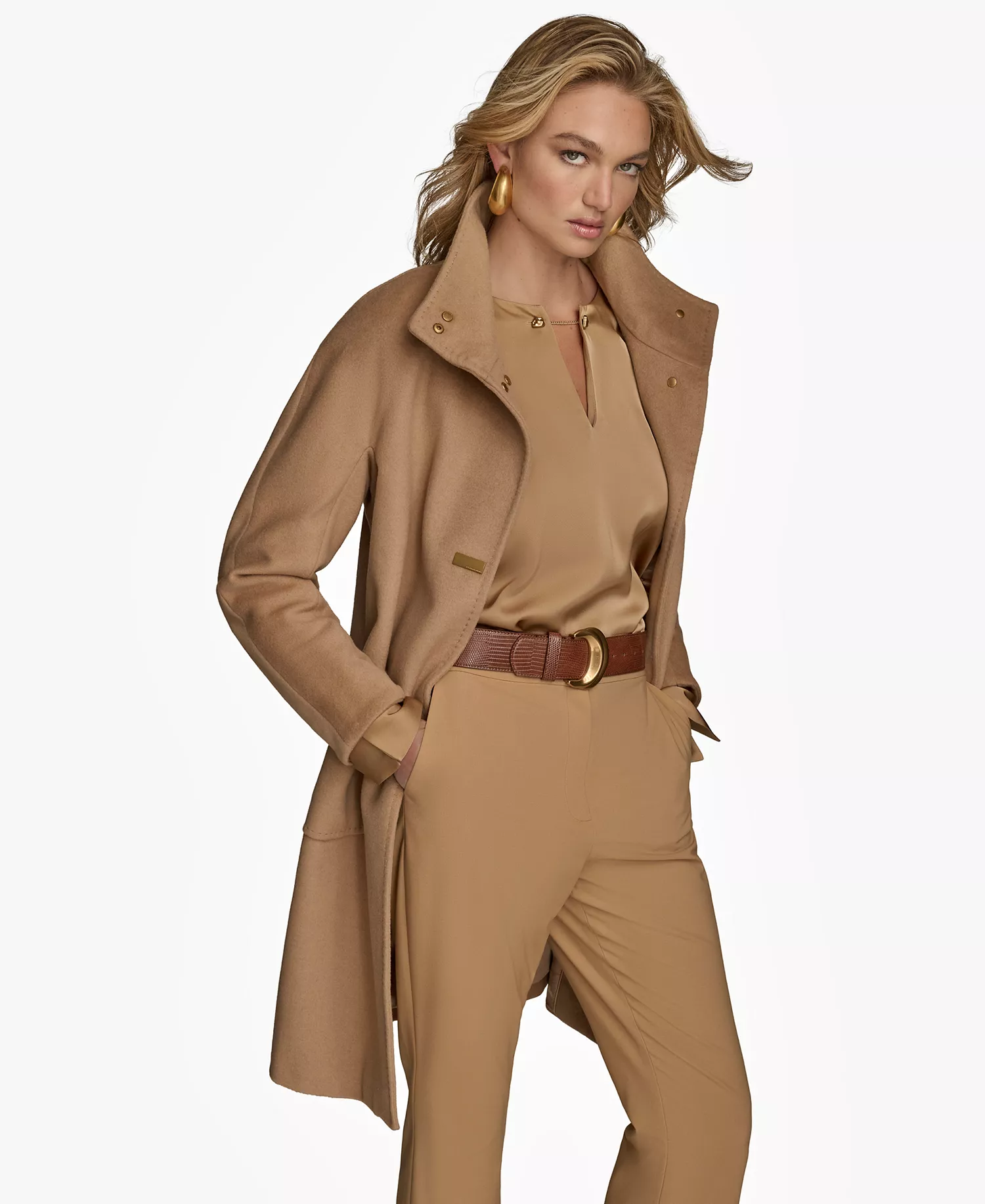 Women's Stand-Collar Single-Breasted Coat - Camel - L