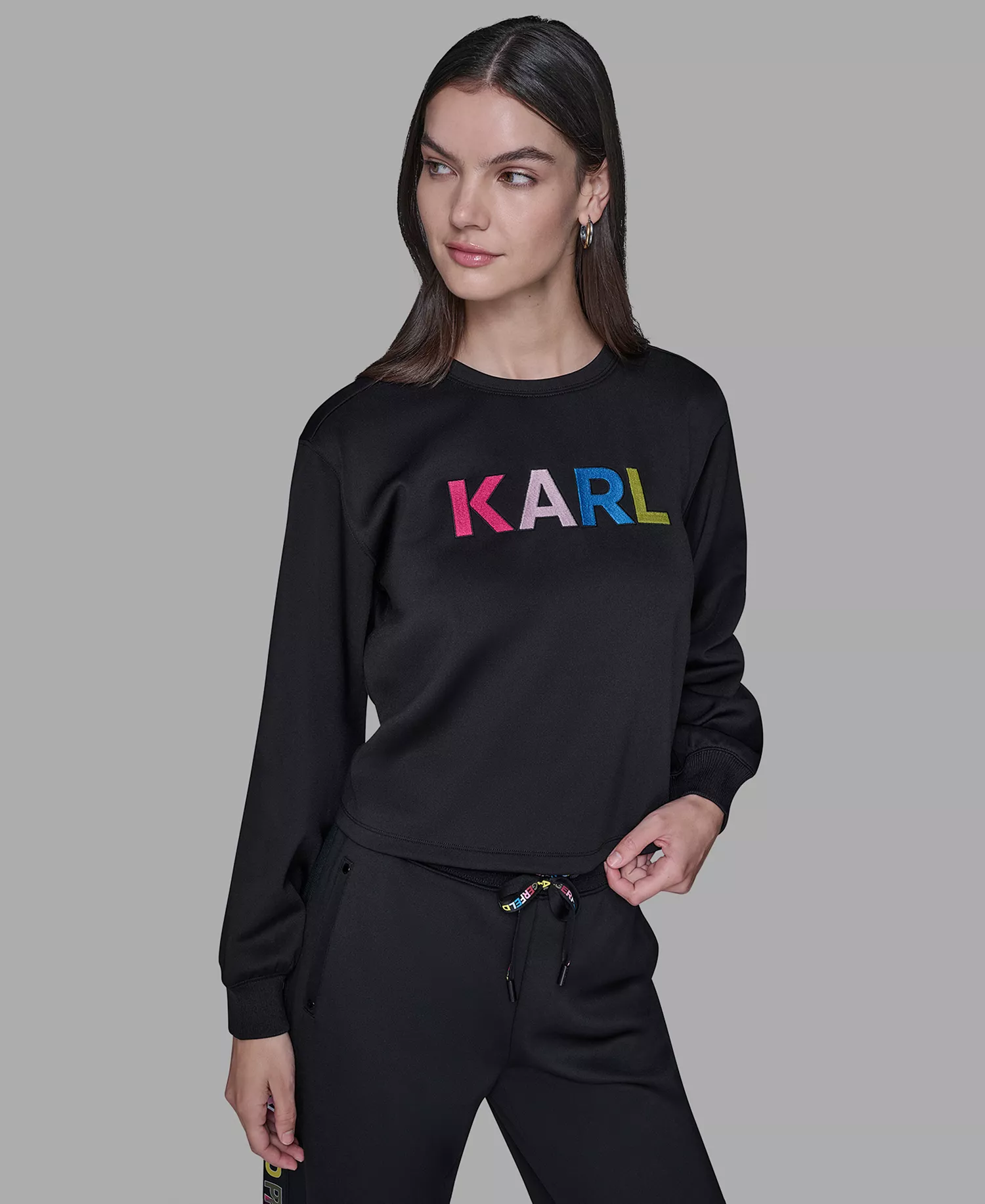 Petite Embroidered Logo Long-Sleeve Sweater - Black - P/L