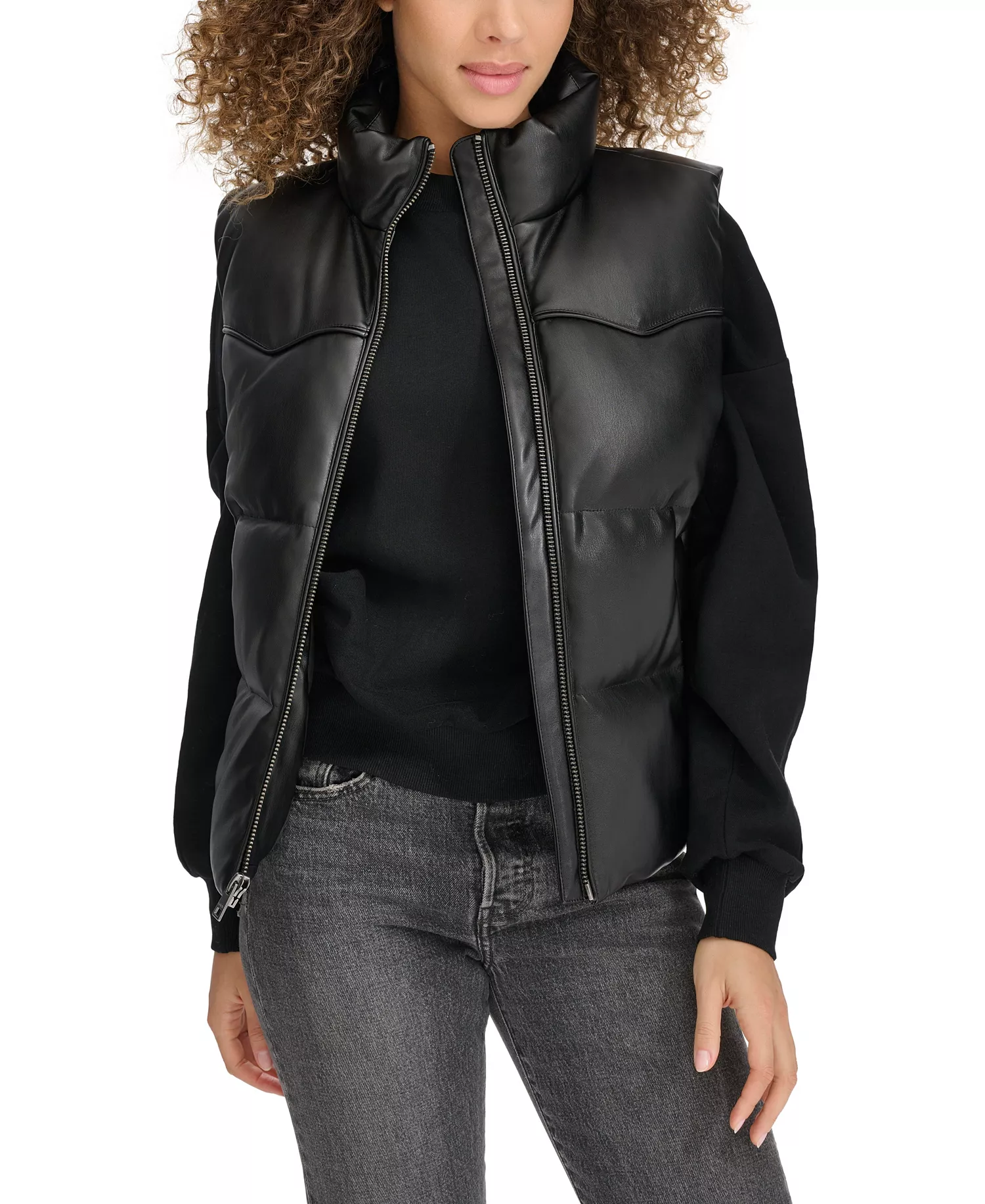 Women's Faux Leather Western Puffer Vest - Black - M