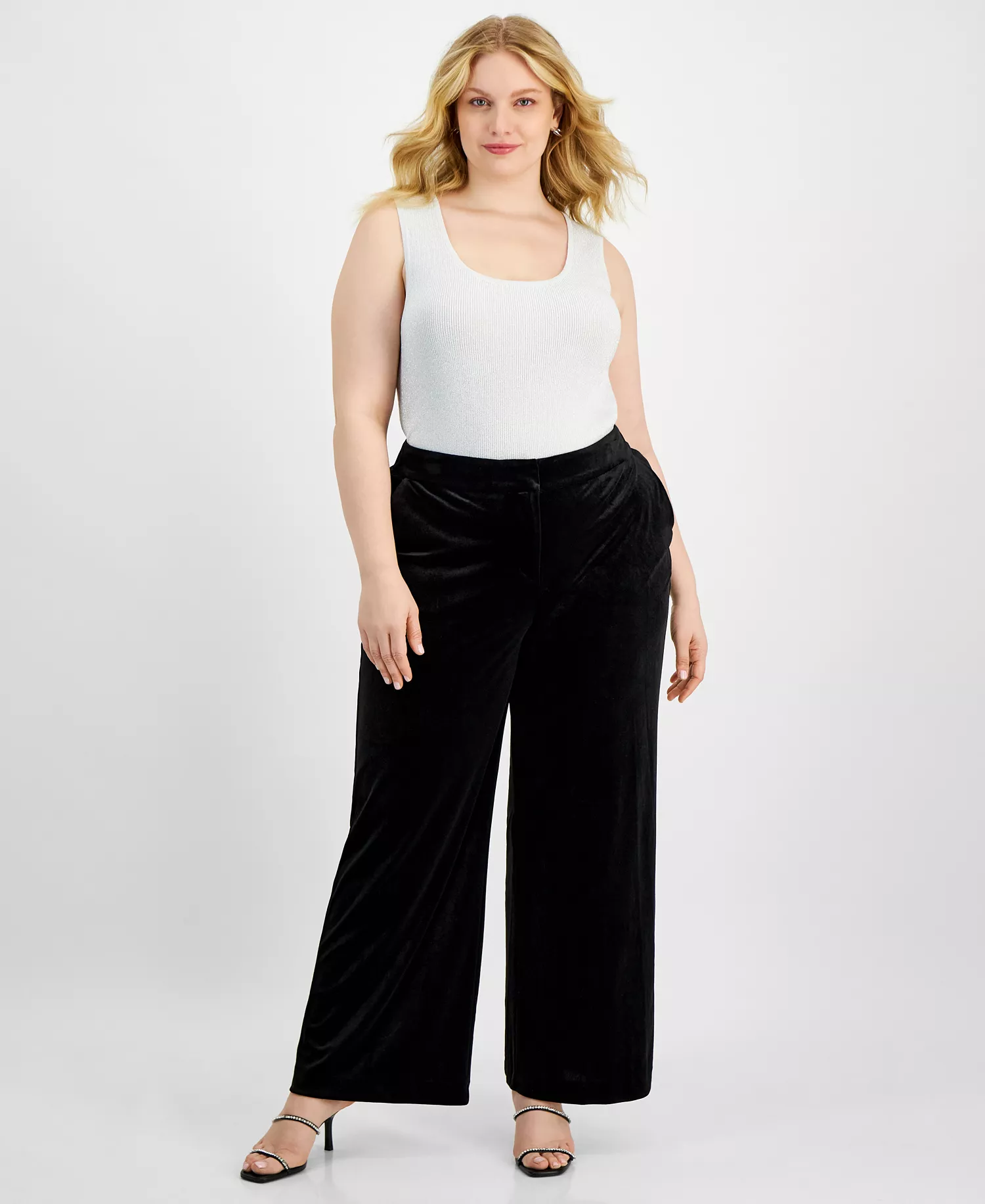 Plus Size Velvet Mid-Rise Wide-Leg Pants - Black - 14W